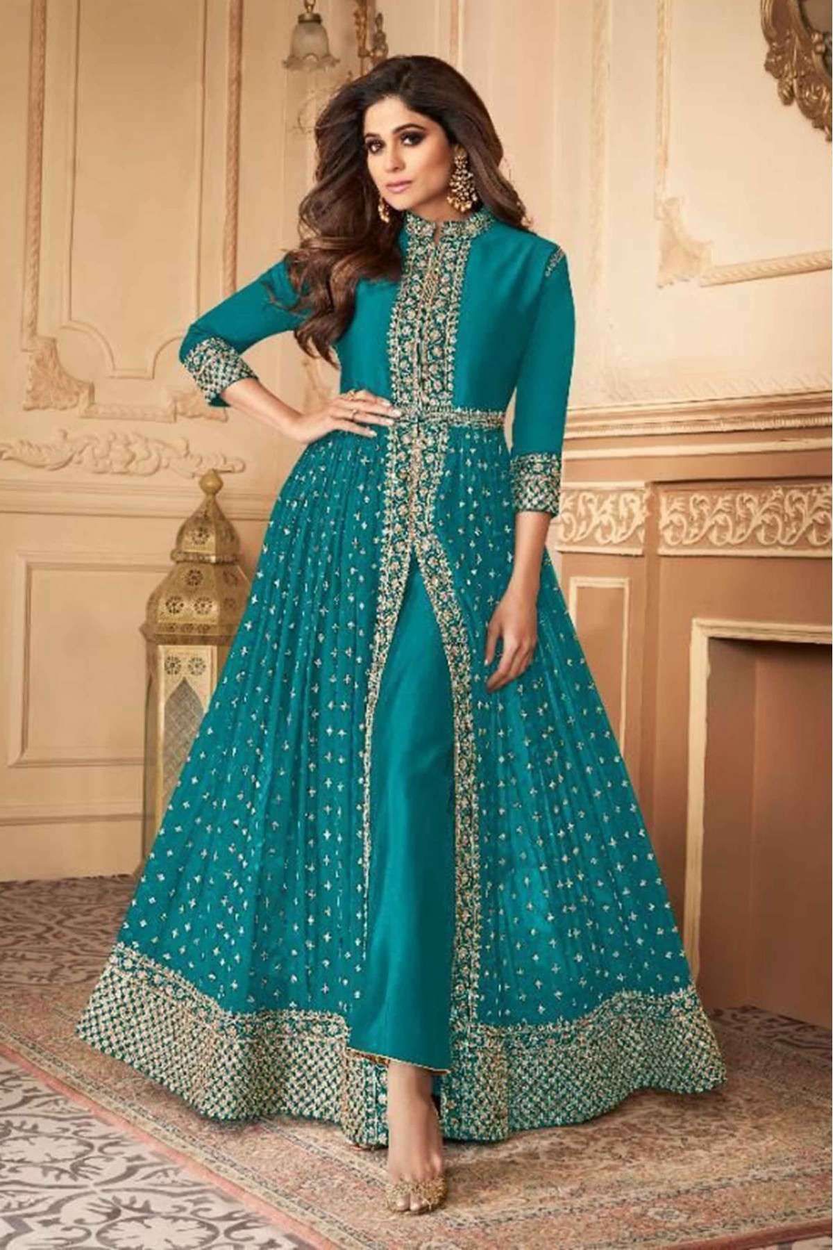 Innovative Faux Georgette Aqua Blue Pant Style Suit