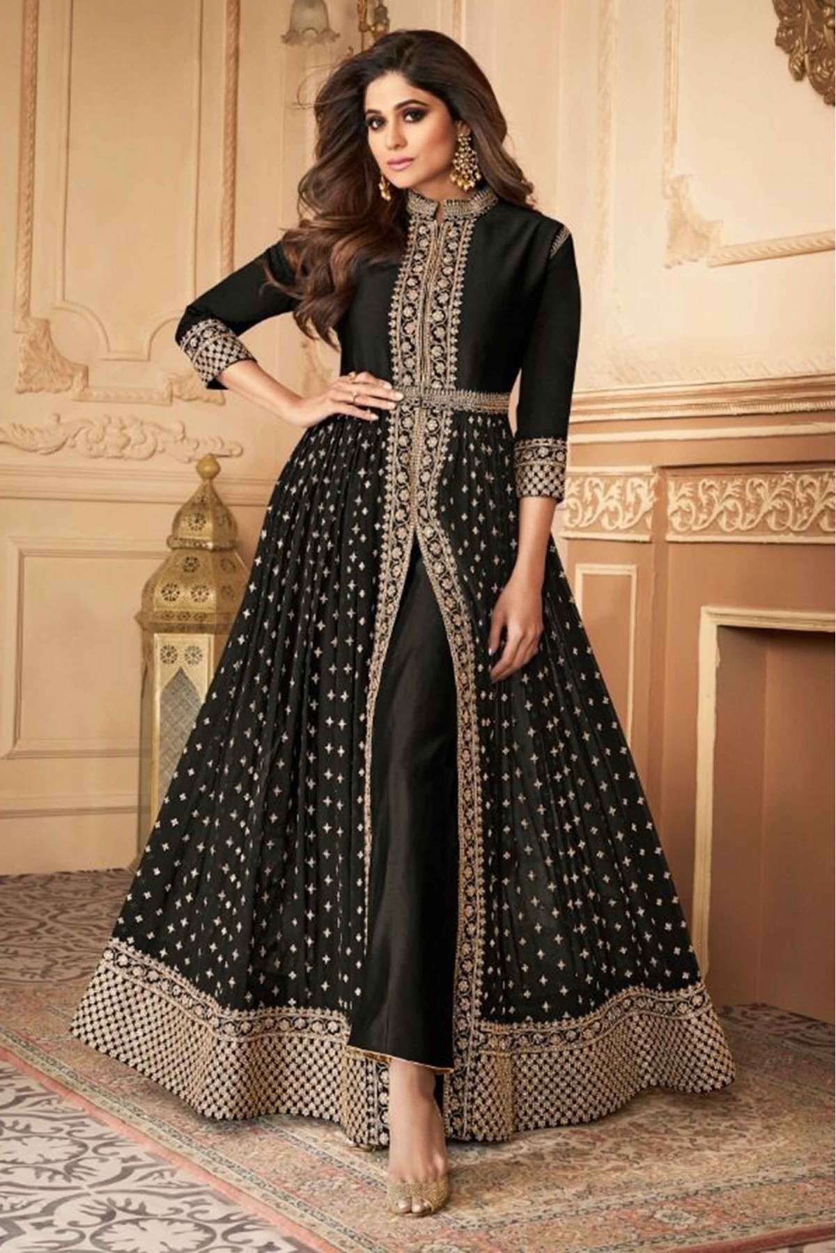 Black Georgette Embroidered Front Slit Readymade Pant Suit Latest 6019SL04