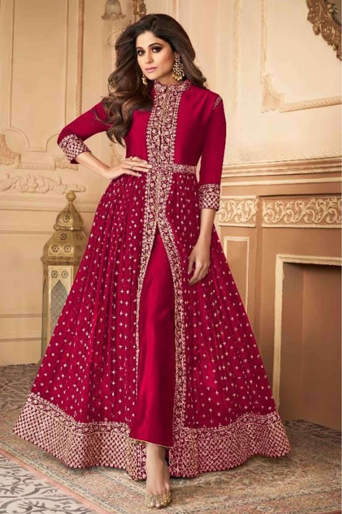 Faux Georgette Embroidery Pant Style Suit In Dark Pink Colour - SM1775510