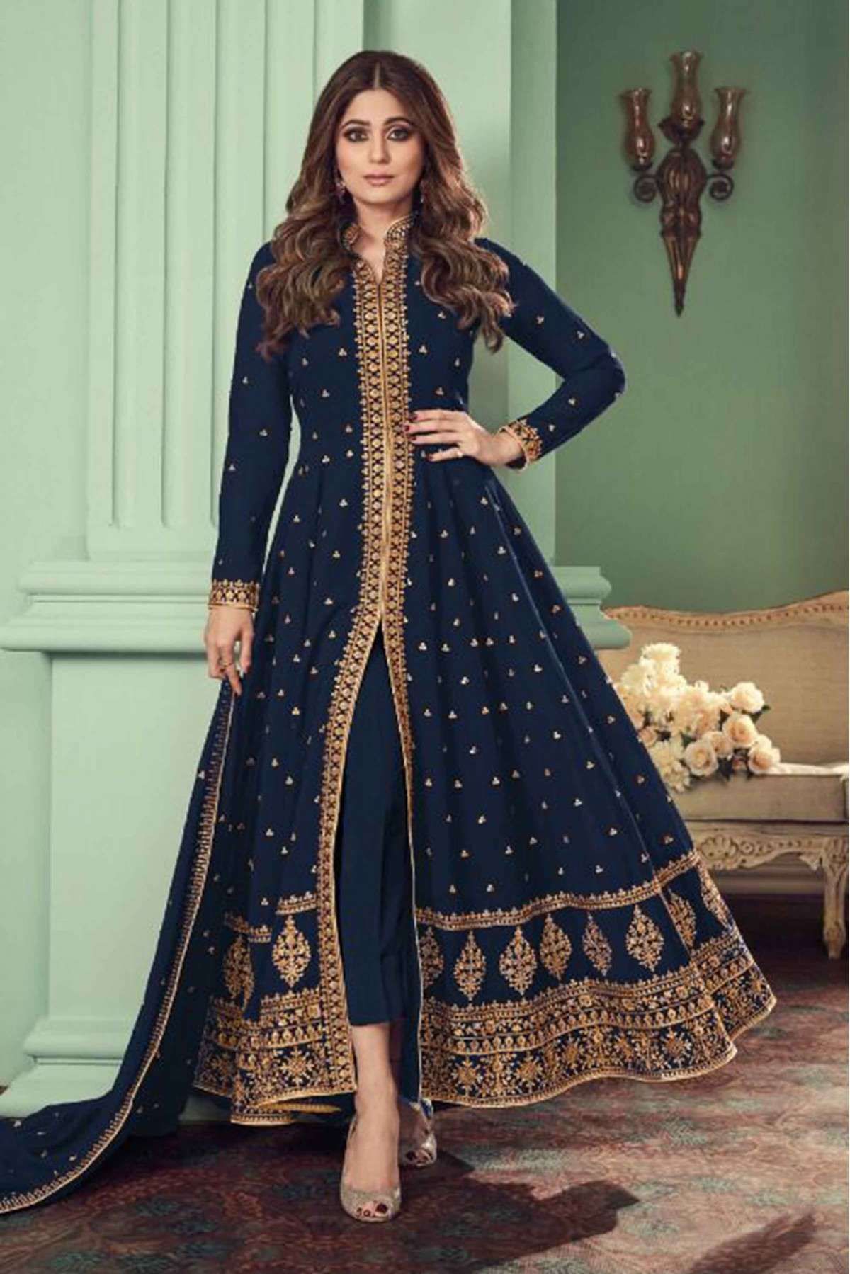 Designer Navy Blue Silk Pant Style Suit with Beautiful Dori Embroidery –  Gunj Fashion