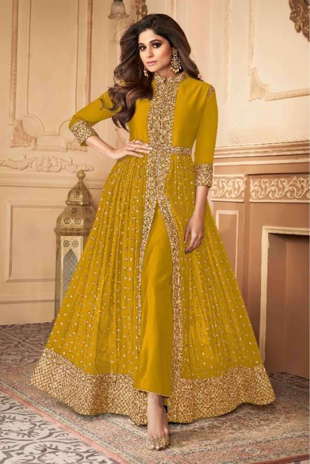 Yellow Embroidered Pant Style Suit In Georgette