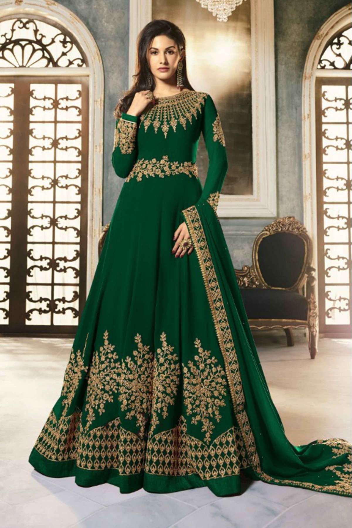 Georgette Embroidery Anarkali Suit In Green Colour - SM1775480