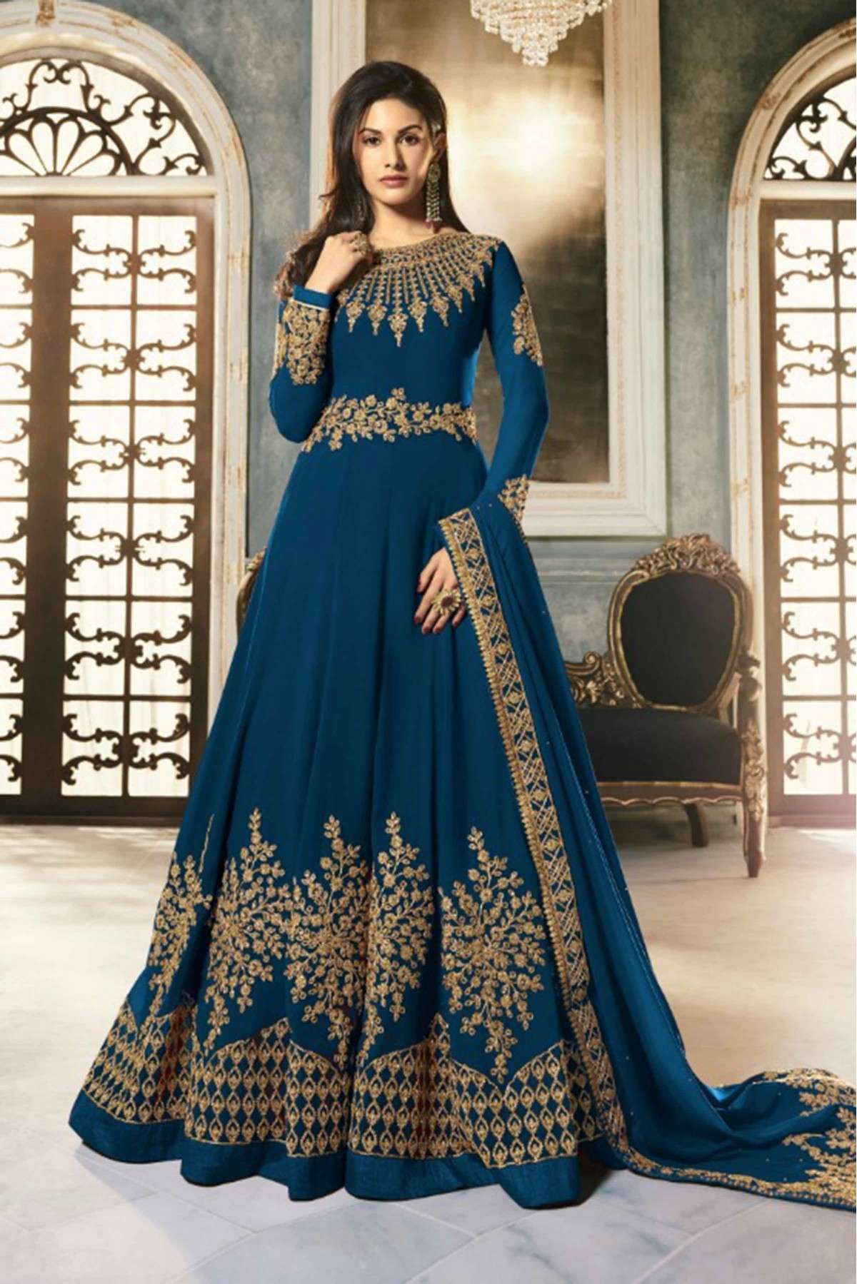 Georgette Embroidery Anarkali Suit In Teal Colour - SM1775482