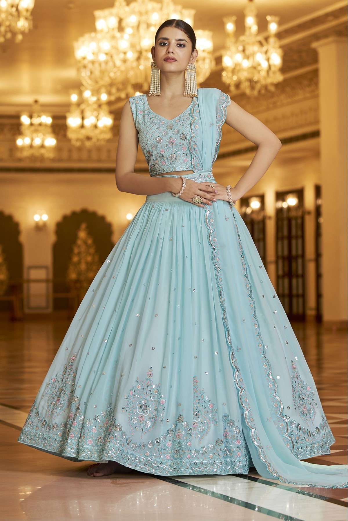 Buy Sky Blue Mirror Work Net Wedding Wear Lehenga Choli At Designer Lehenga  Choli
