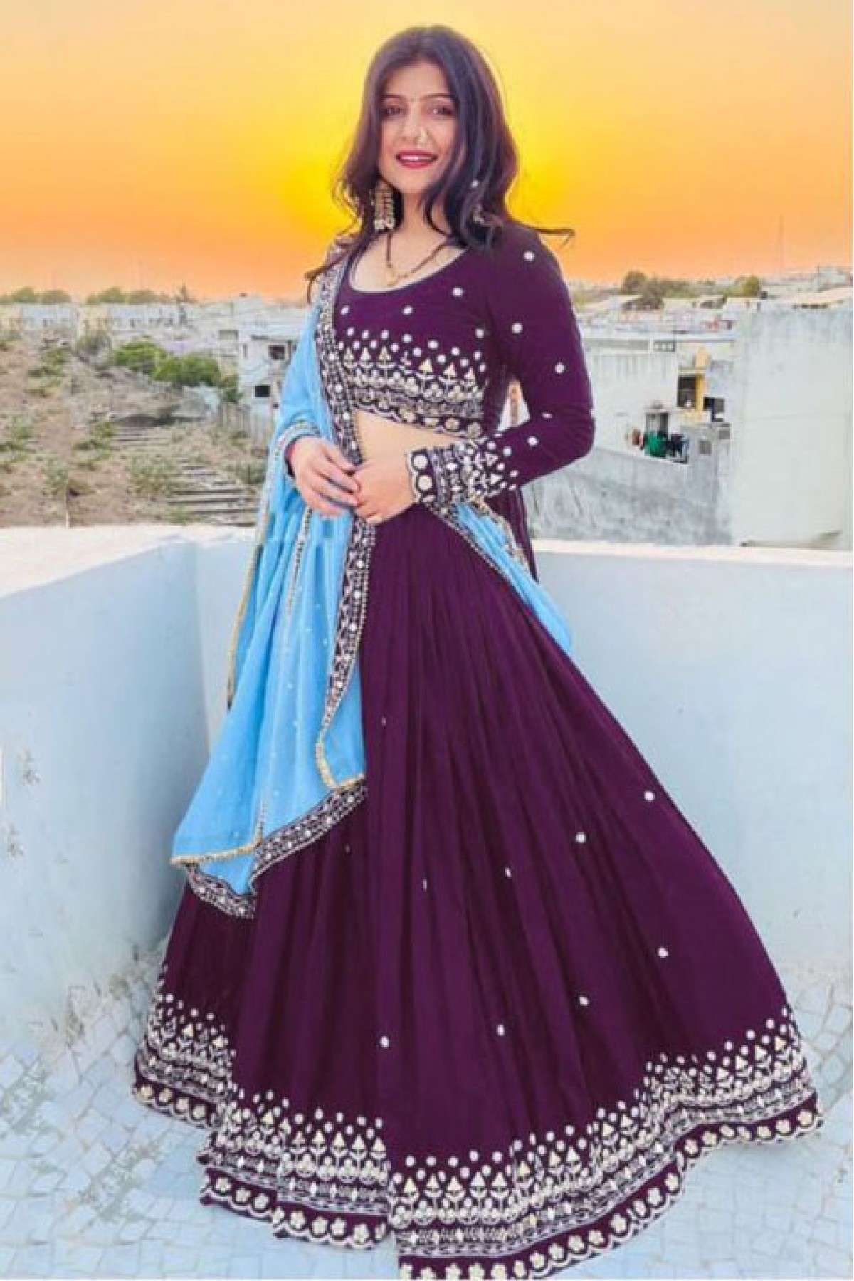 Patola printed Art Silk Lehenga in Wine : LAV87