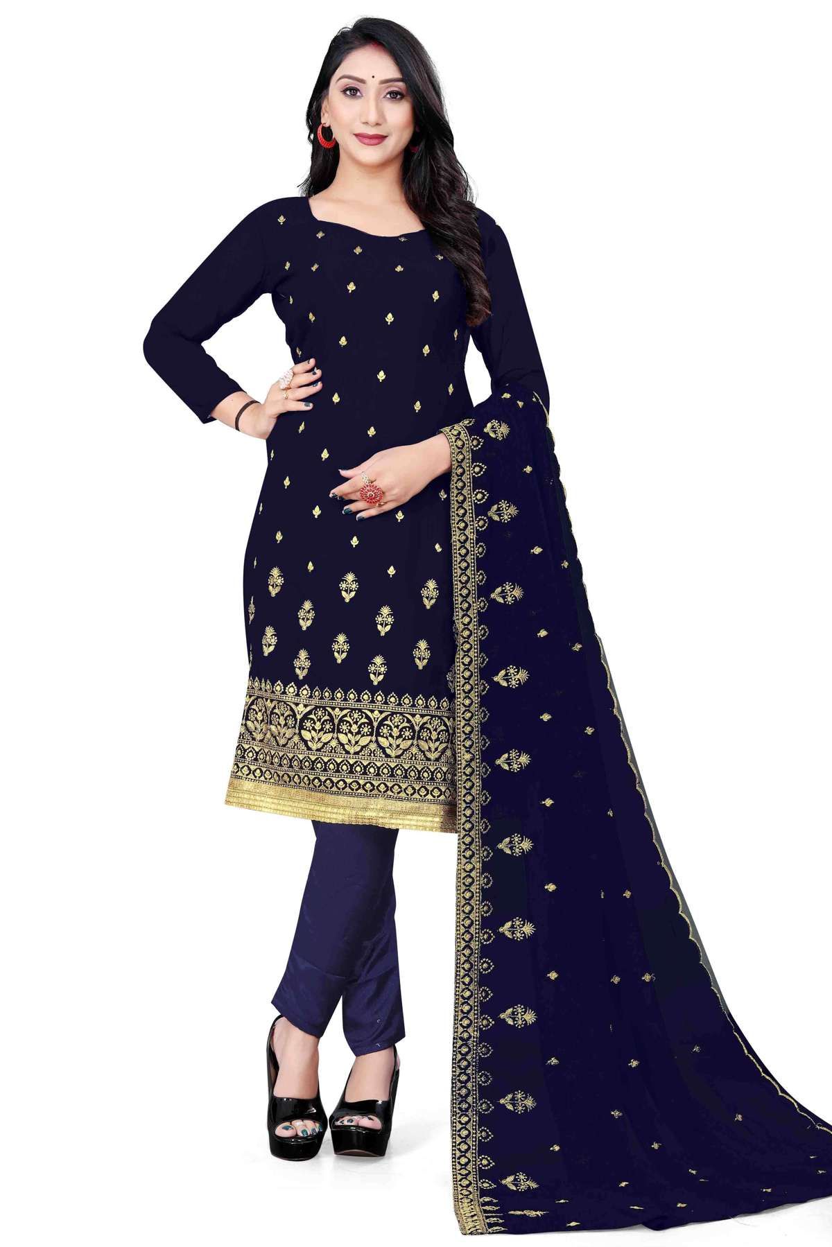 Georgette Embroidery Pant Style Suit In Navy Blue Colour - US3234336