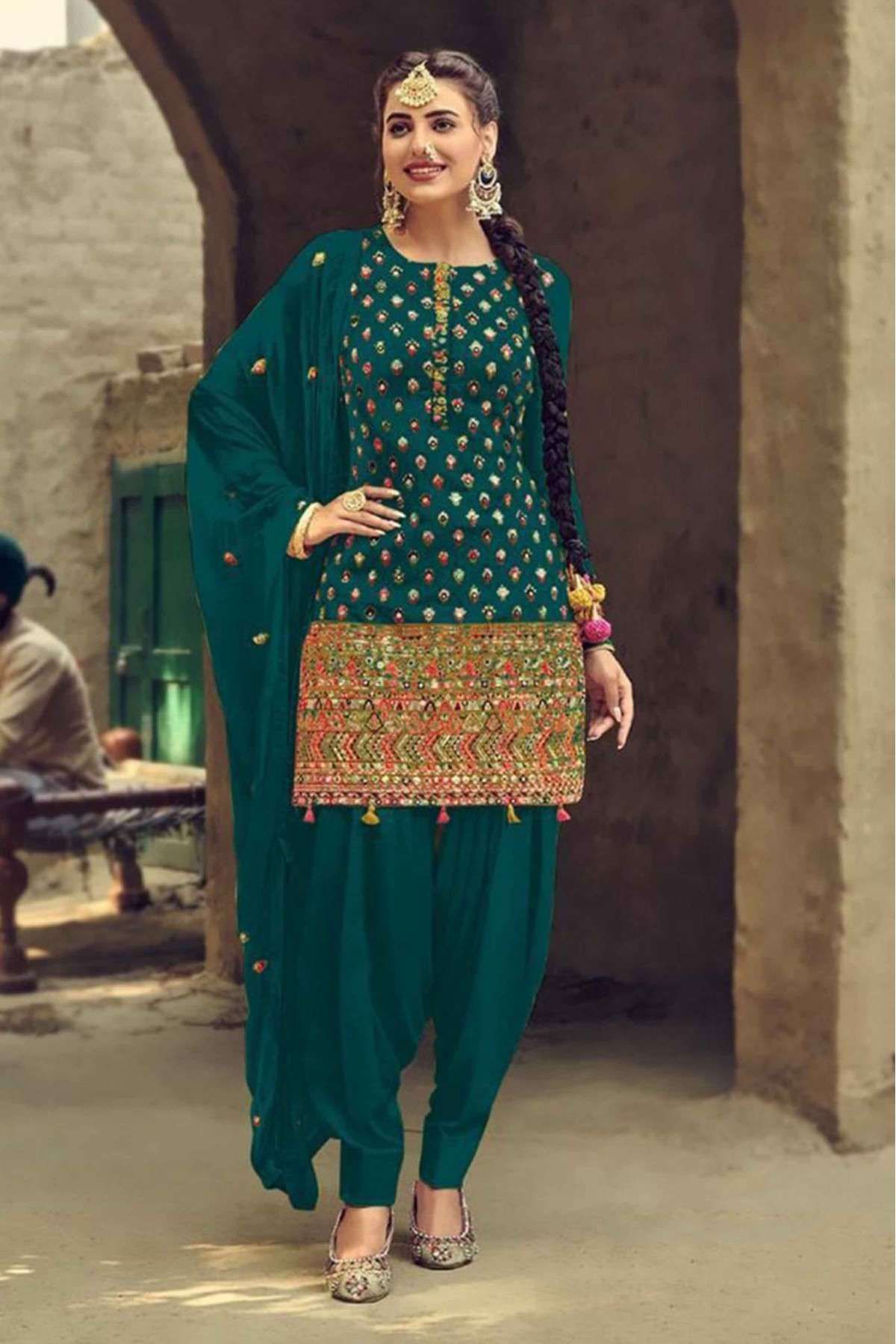 Georgette Embroidery Patiala Suit In Teal Colour - SM1775447