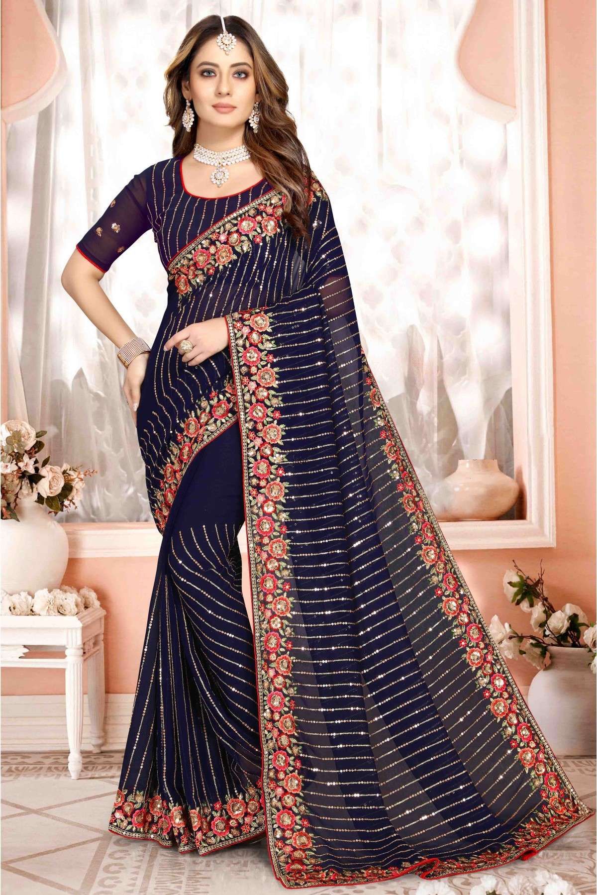 Designer Indian Georgette Embroidered Saree, Navy Blue Saree, Wedding Saree  for Women, Traditional Saree -  New Zealand