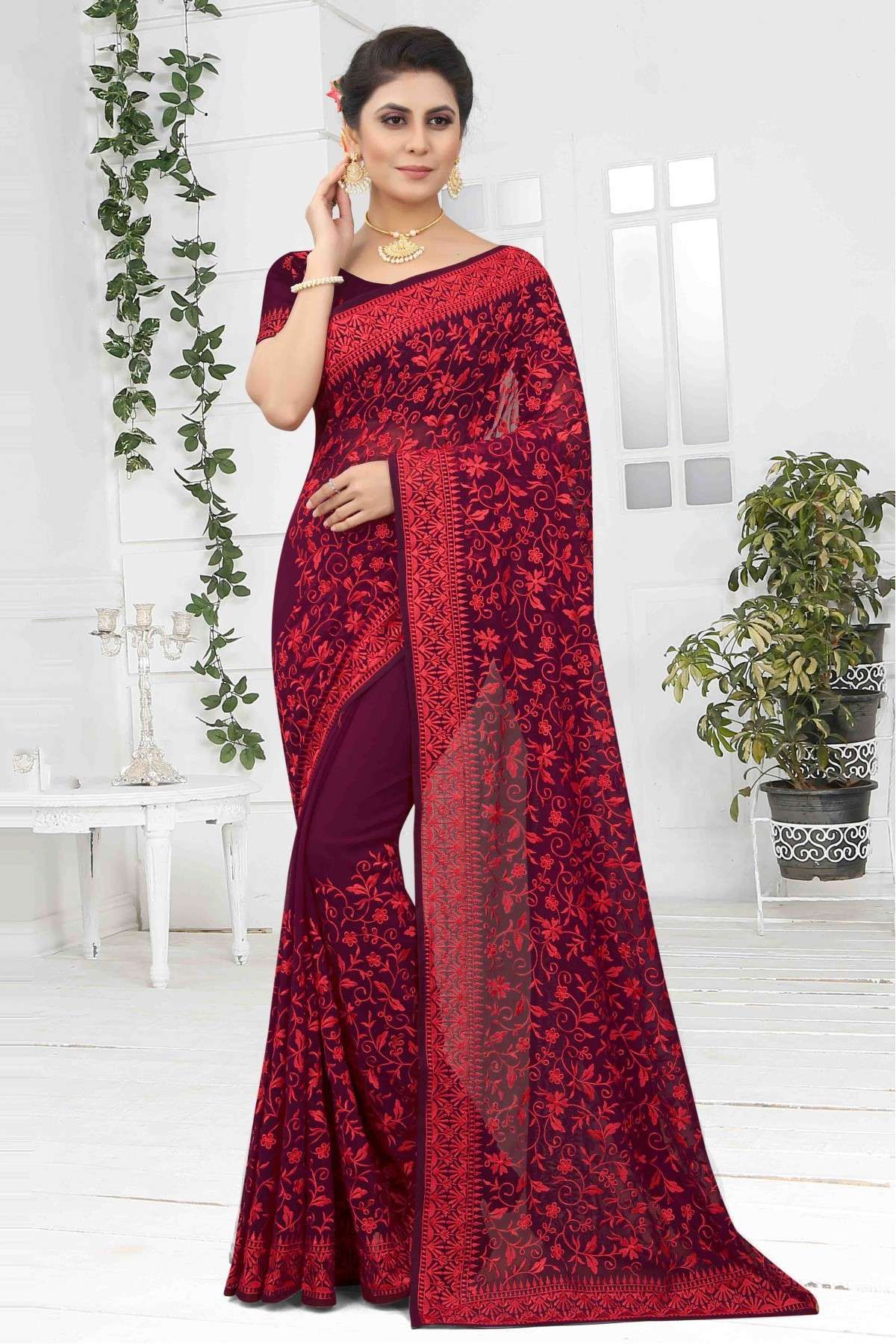 Wine Color Georgette Saree in Mukaish work with stitched blouse – HOLYZARI  LLC