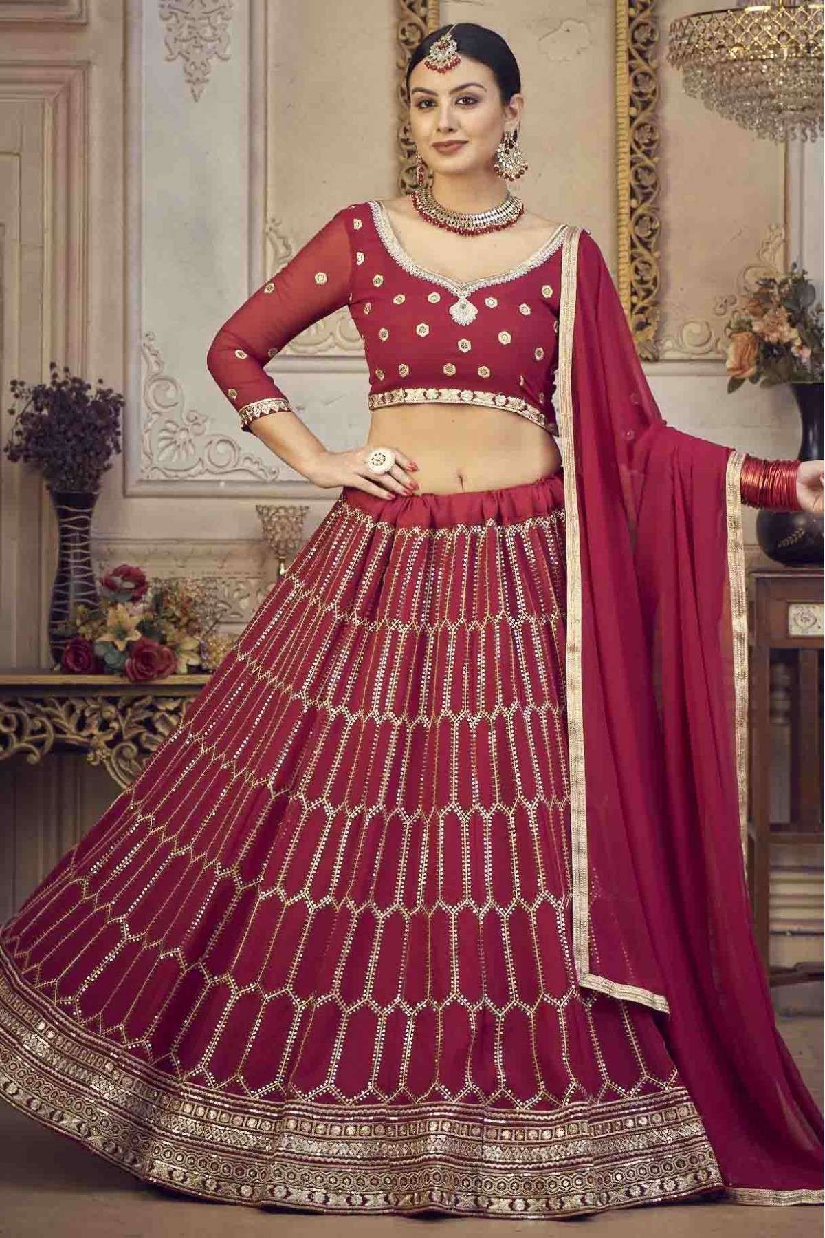 RE - Dark Maroon Coloured Taffeta Silk Embridered Work Lehenga Choli -  Featured Product