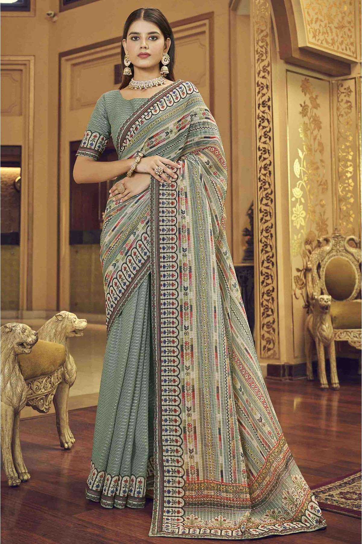 Pista Green Silk Embroidery Sequins Work Saree Party Wear