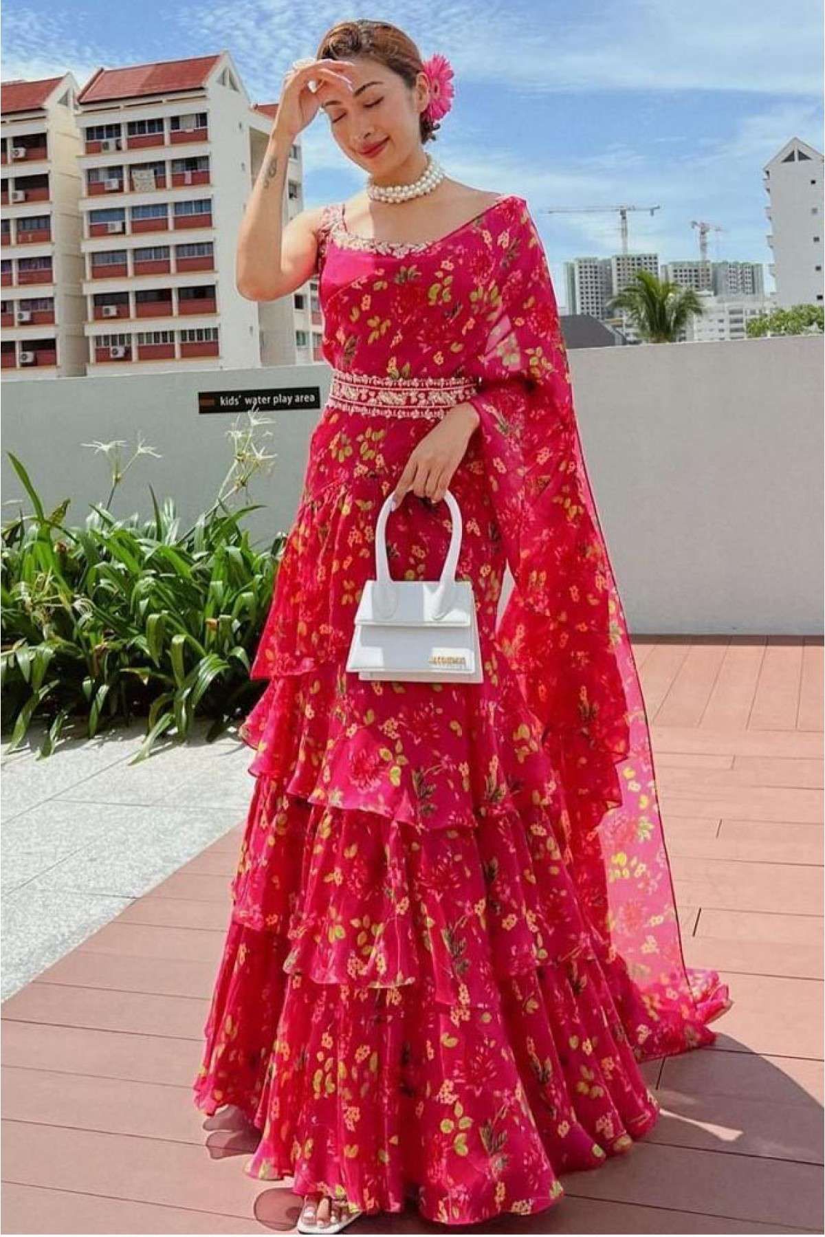 Women Ethnic Wear Pink Printed Georgette Lehenga Choli Colle