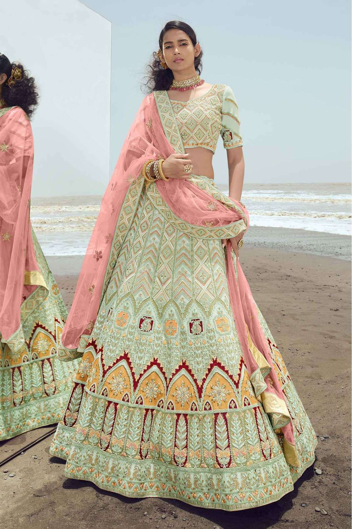 Shop Pista Green Designer Lehenga Online in USA with Pink Blouse – Pure  Elegance