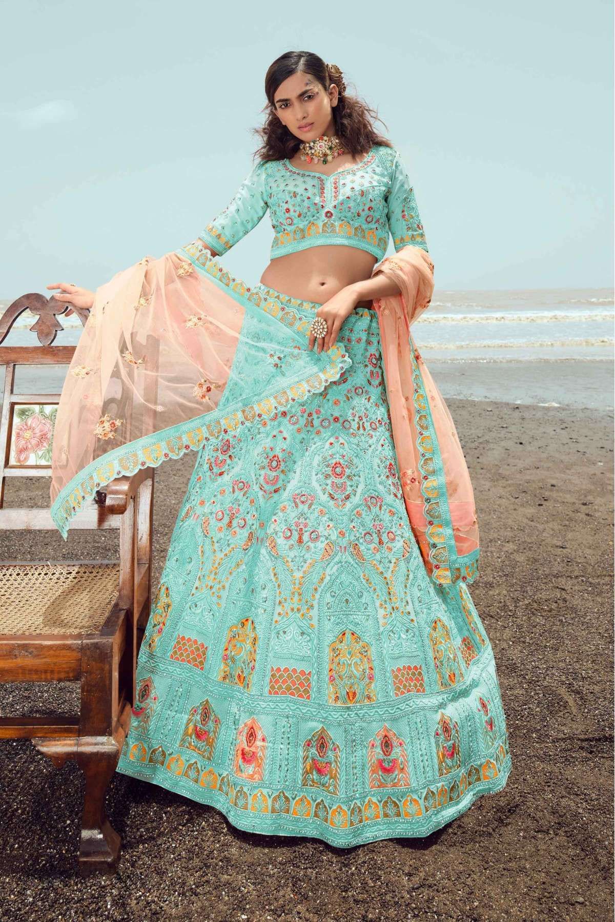 Georgette Thread Work Lehenga Choli In Sea Green Colour LD4901069 A