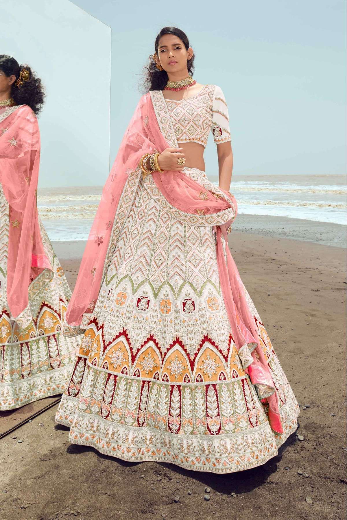 Pastel Green Organza Lehenga Choli with Dori, Thread & Zarkan work – Ethnos