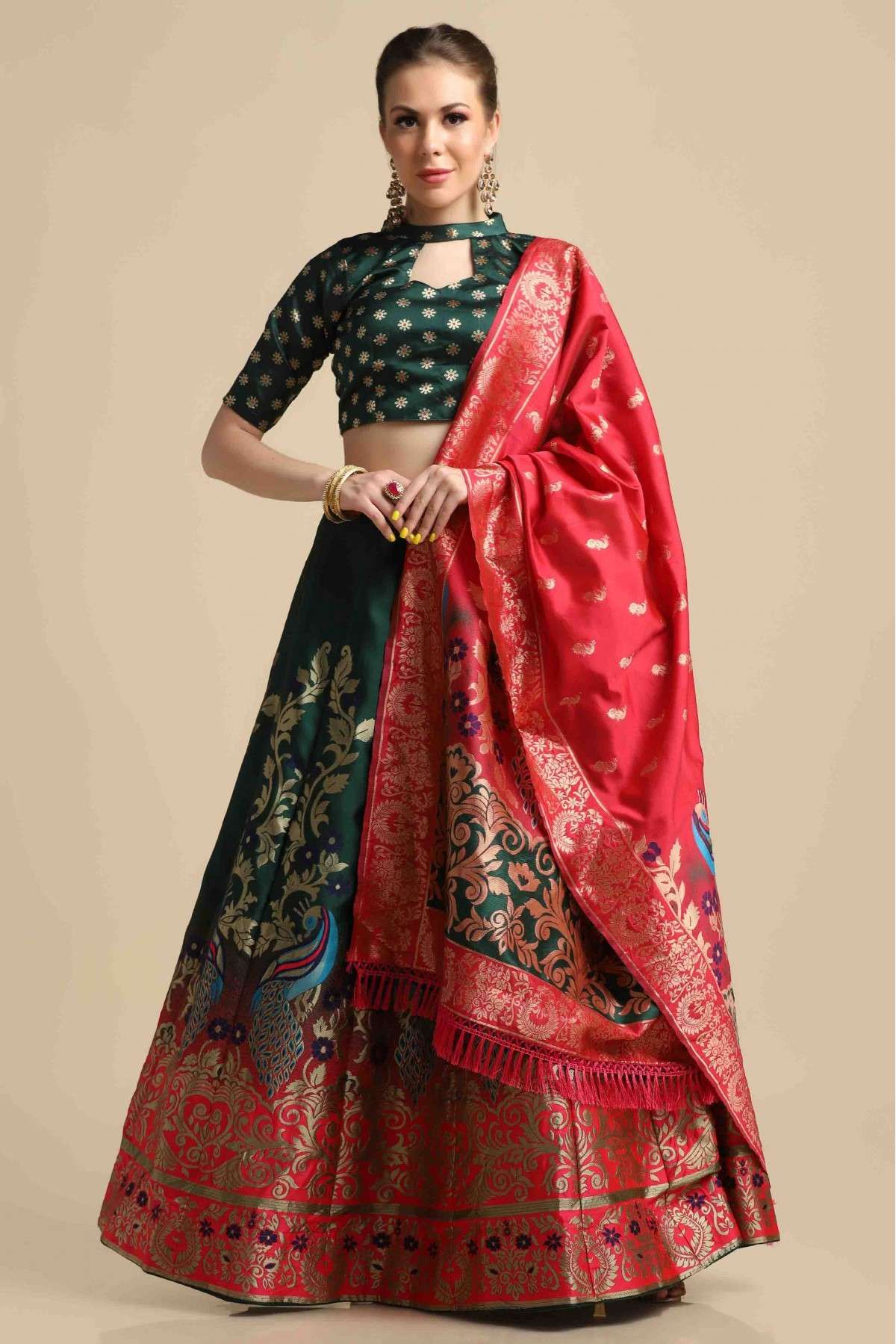 Jacquard Silk Woven Lehenga Choli In Green Colour - LD5680469