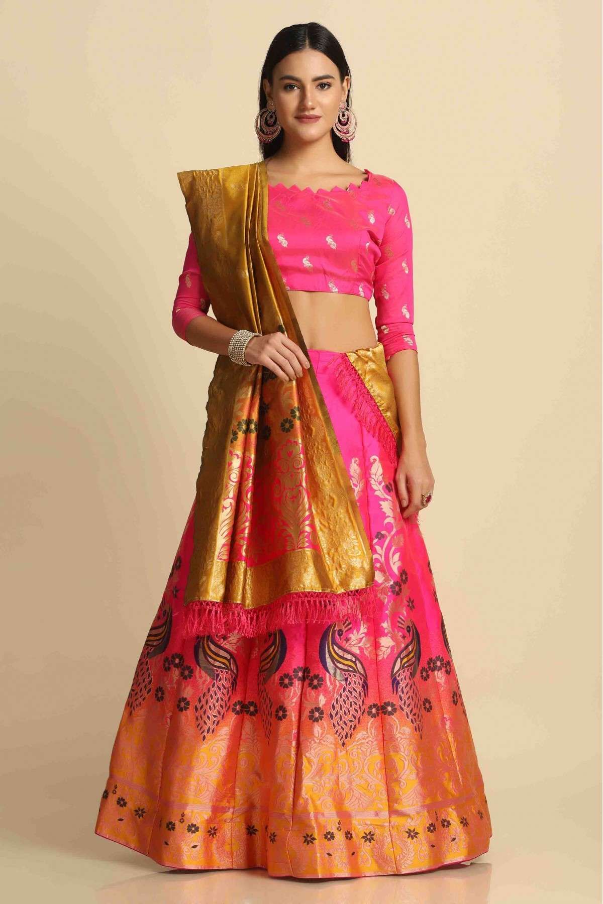 Jacquard Silk Woven Lehenga Choli In Pink Colour - LD5680468
