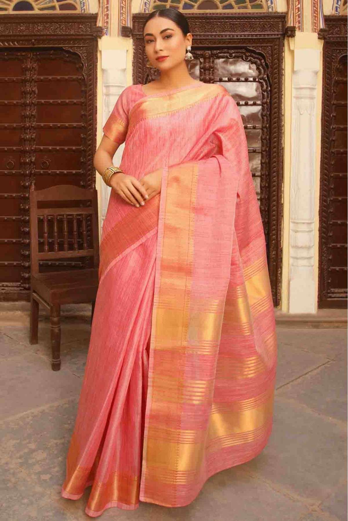 Linen Silk Woven Saree In Peach Colour - SR5131162