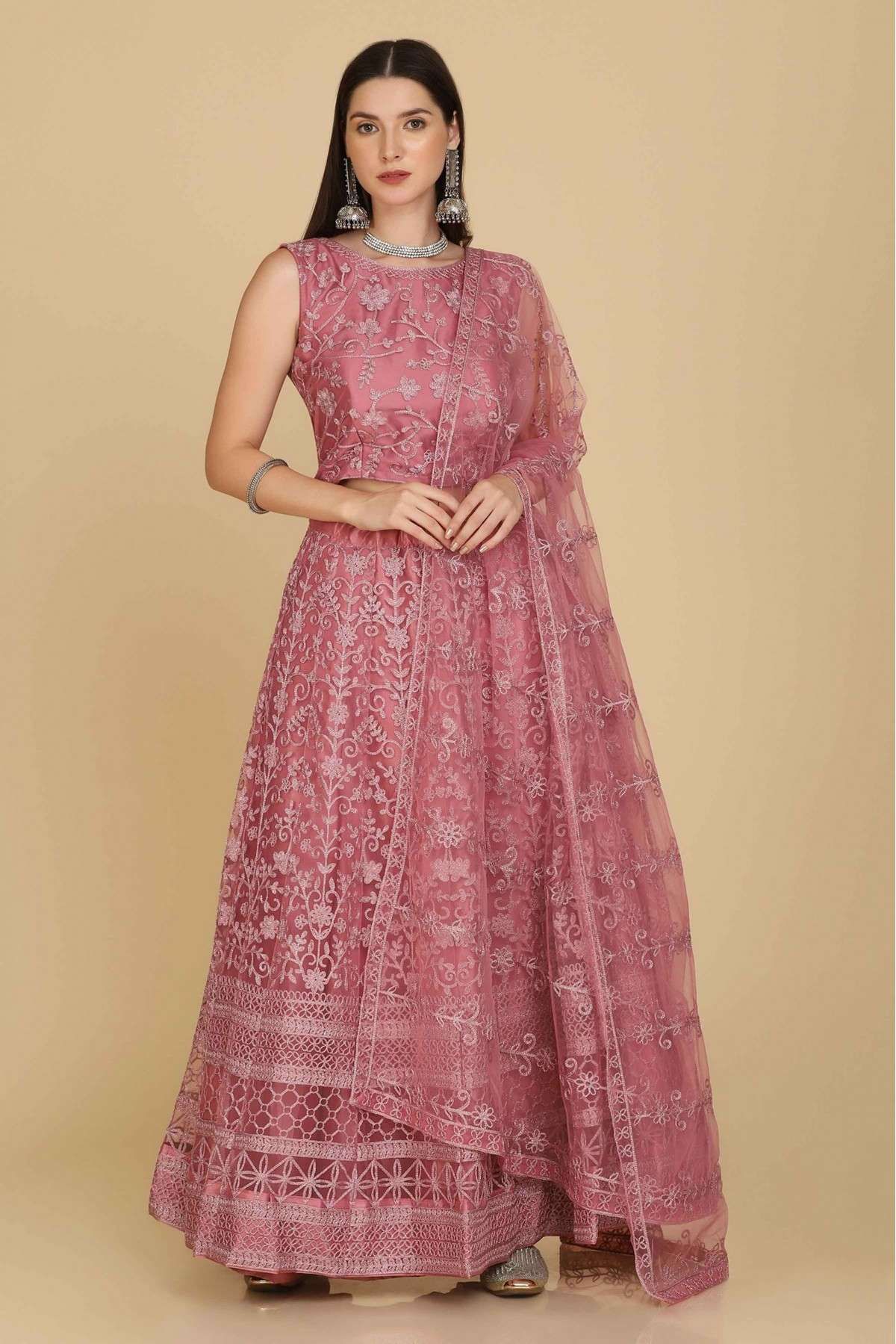 Net Embroidery Lehenga Choli In Dusty Pink Colour - LD5680395