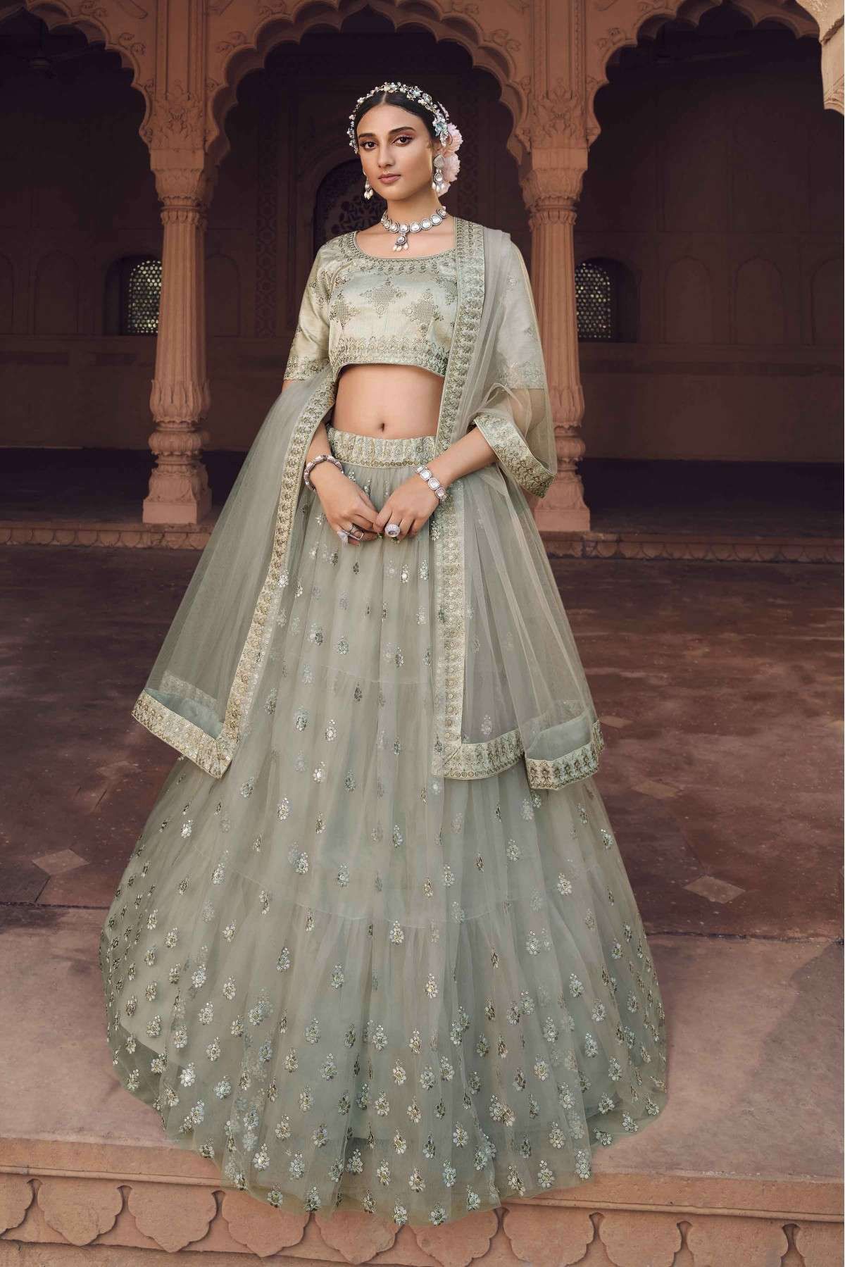 Enthralling Grey Net Embroidered Lehenga Choli Online - Inddus.in.