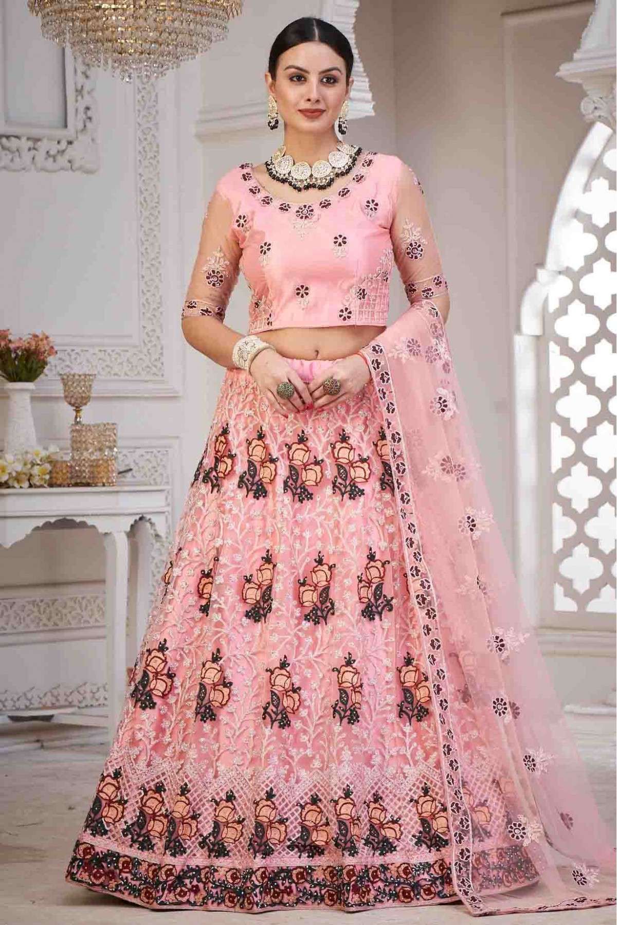 Buy Wedding & Reception Wear Pink Soft Net Zarkan Work Lehenga choli 151650  Online