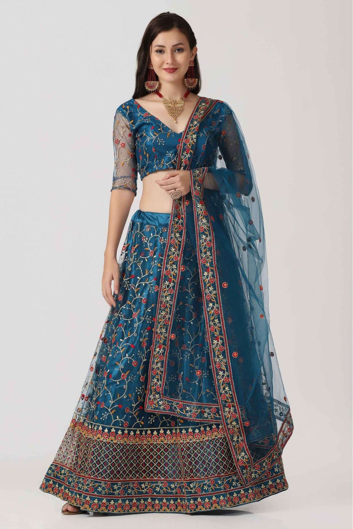 Net Embroidery Lehenga Choli In Teal Blue Colour - LD5680405