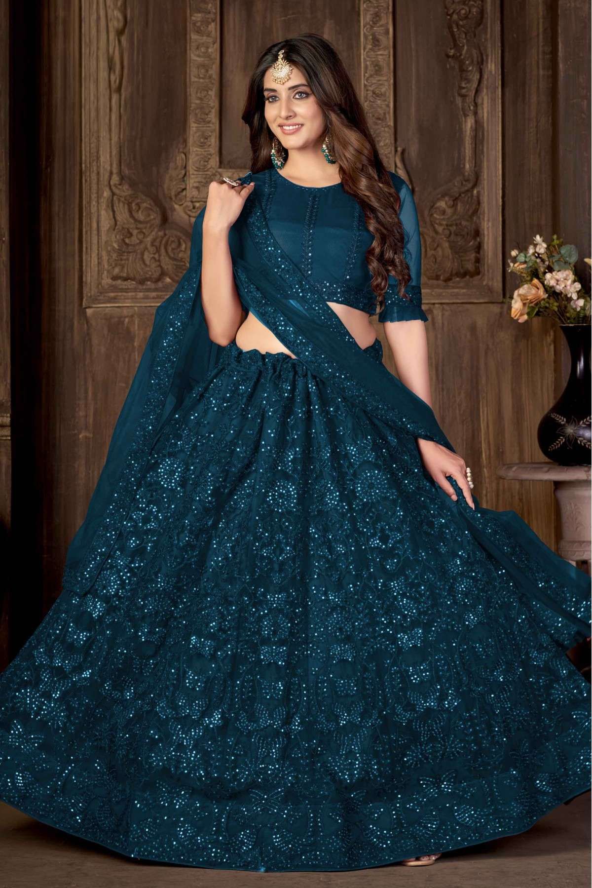 Faux Georgette Embroidery Lehenga Choli In Dark Green Colour - LD5730007