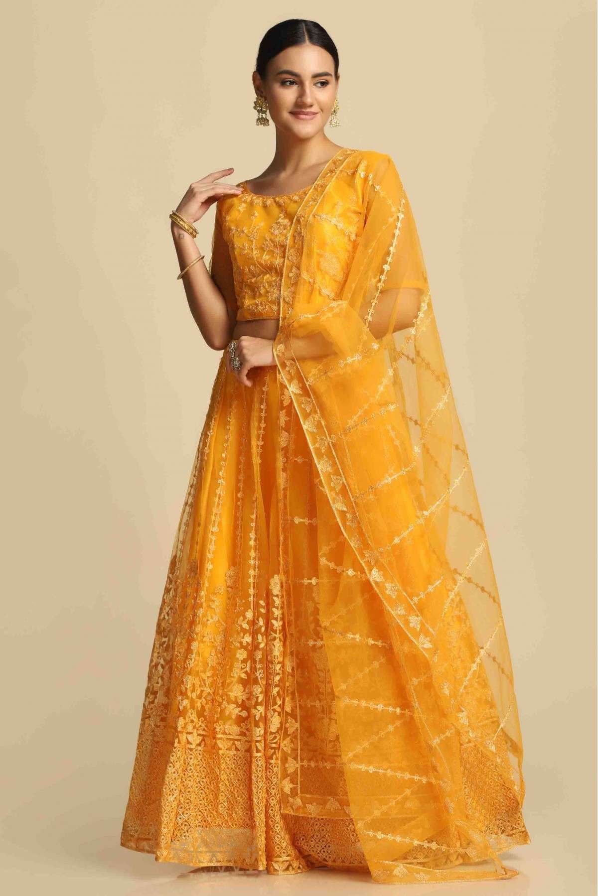 Net Embroidery Lehenga Choli In Yellow Colour - LD5680467