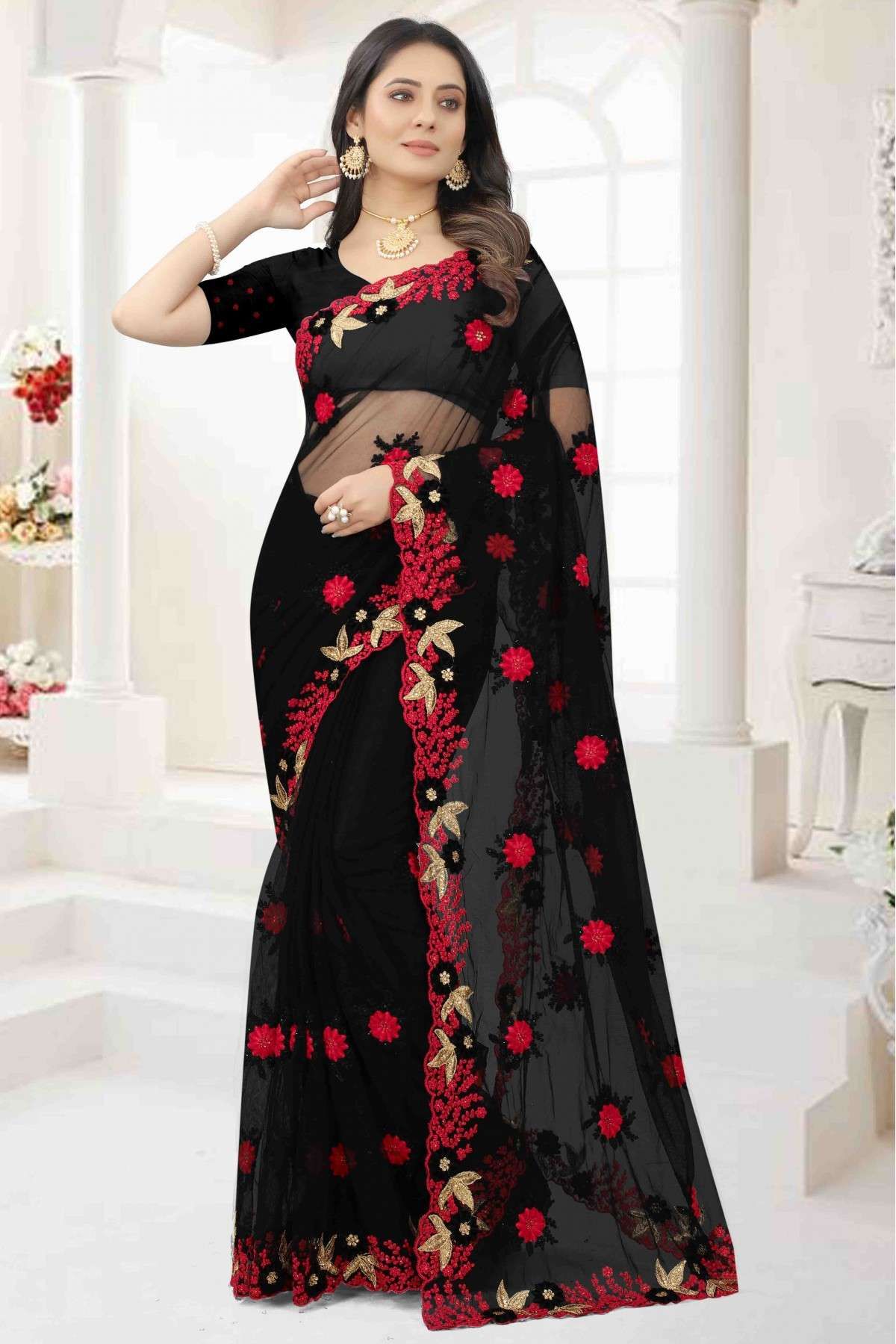 Contrast Blouse Black and Red Combination Saree Online