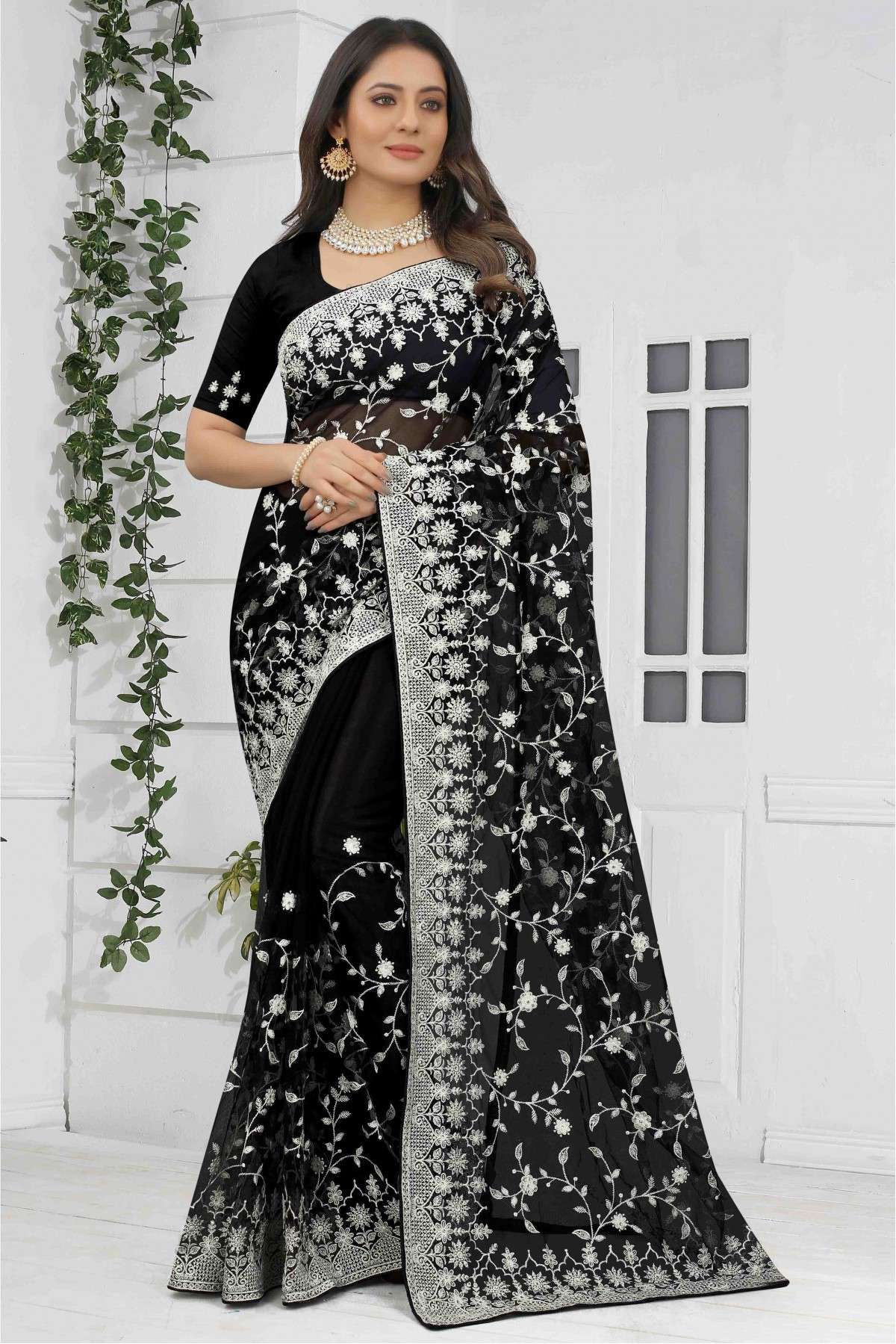 Net Embroidery Saree In Black Colour - SR4690780