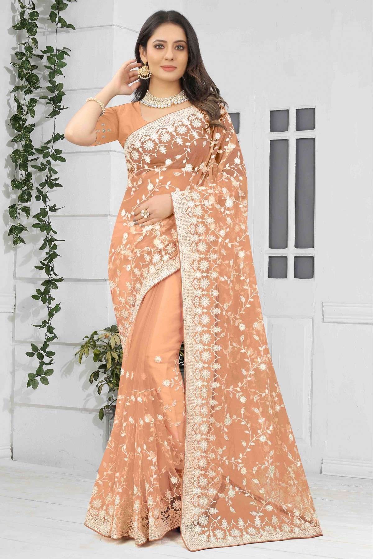 Net Embroidery Saree In Dusty Peach Colour - SR4690783