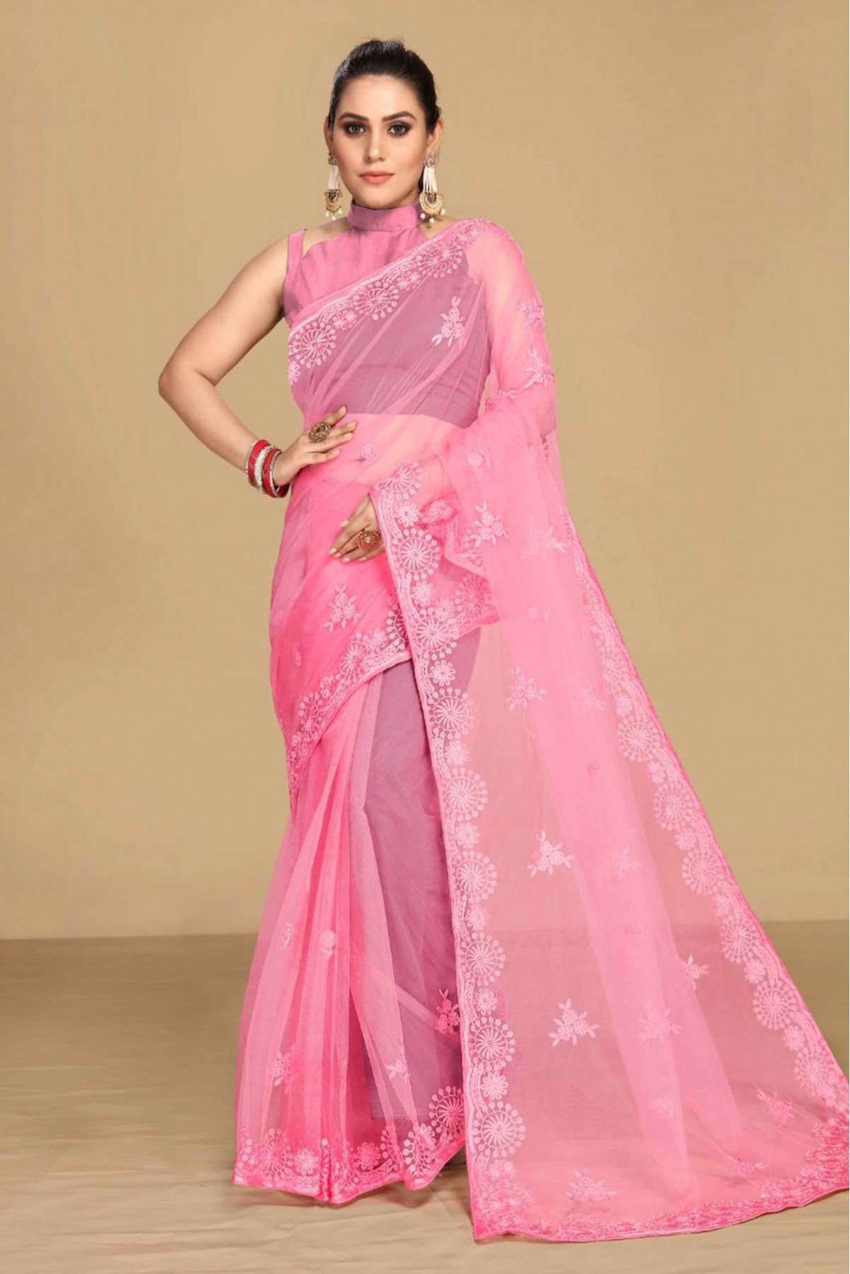 Net Embroidery Saree In Pink Colour - SR1775585