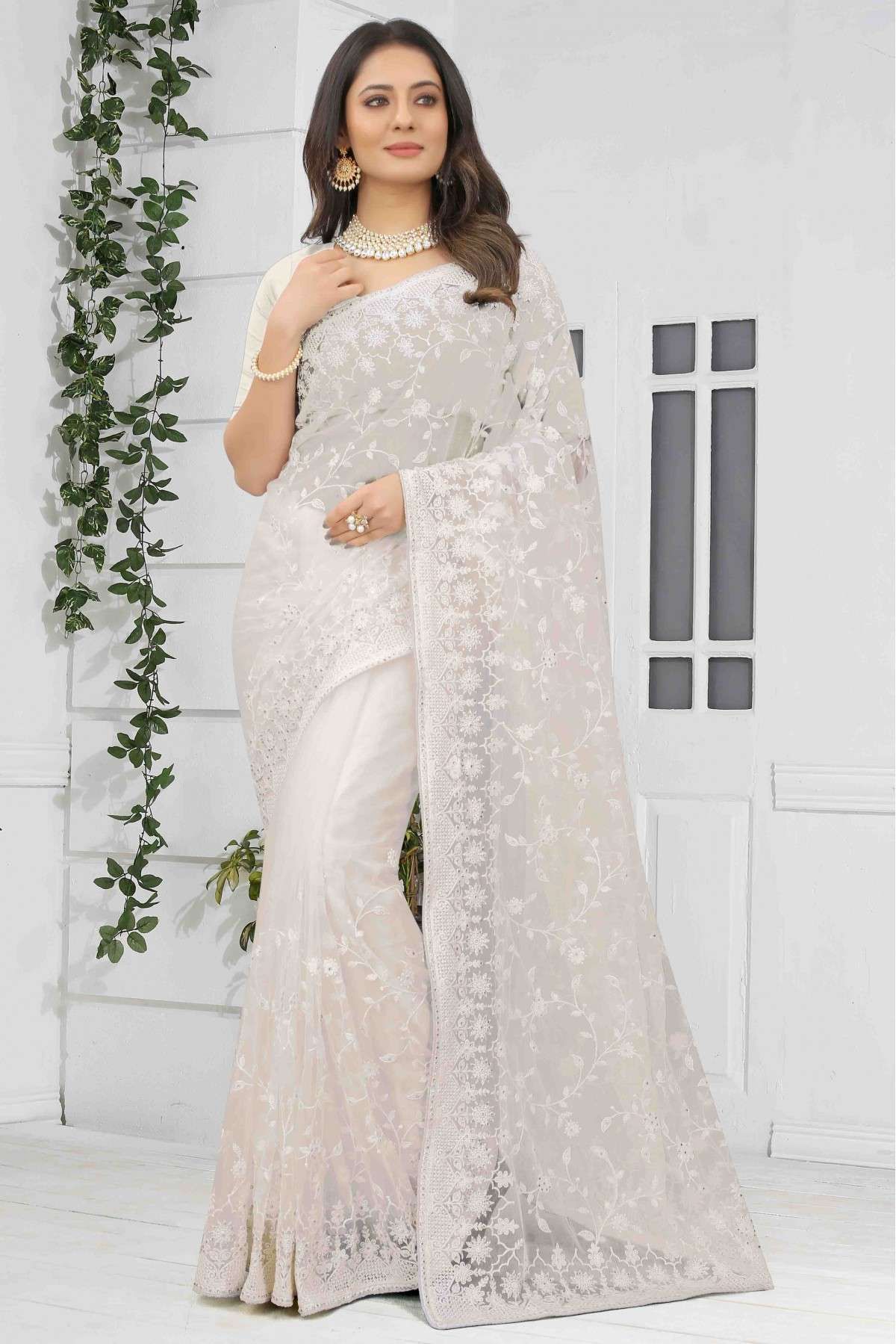 Net Embroidery Saree In White Colour - SR4690781