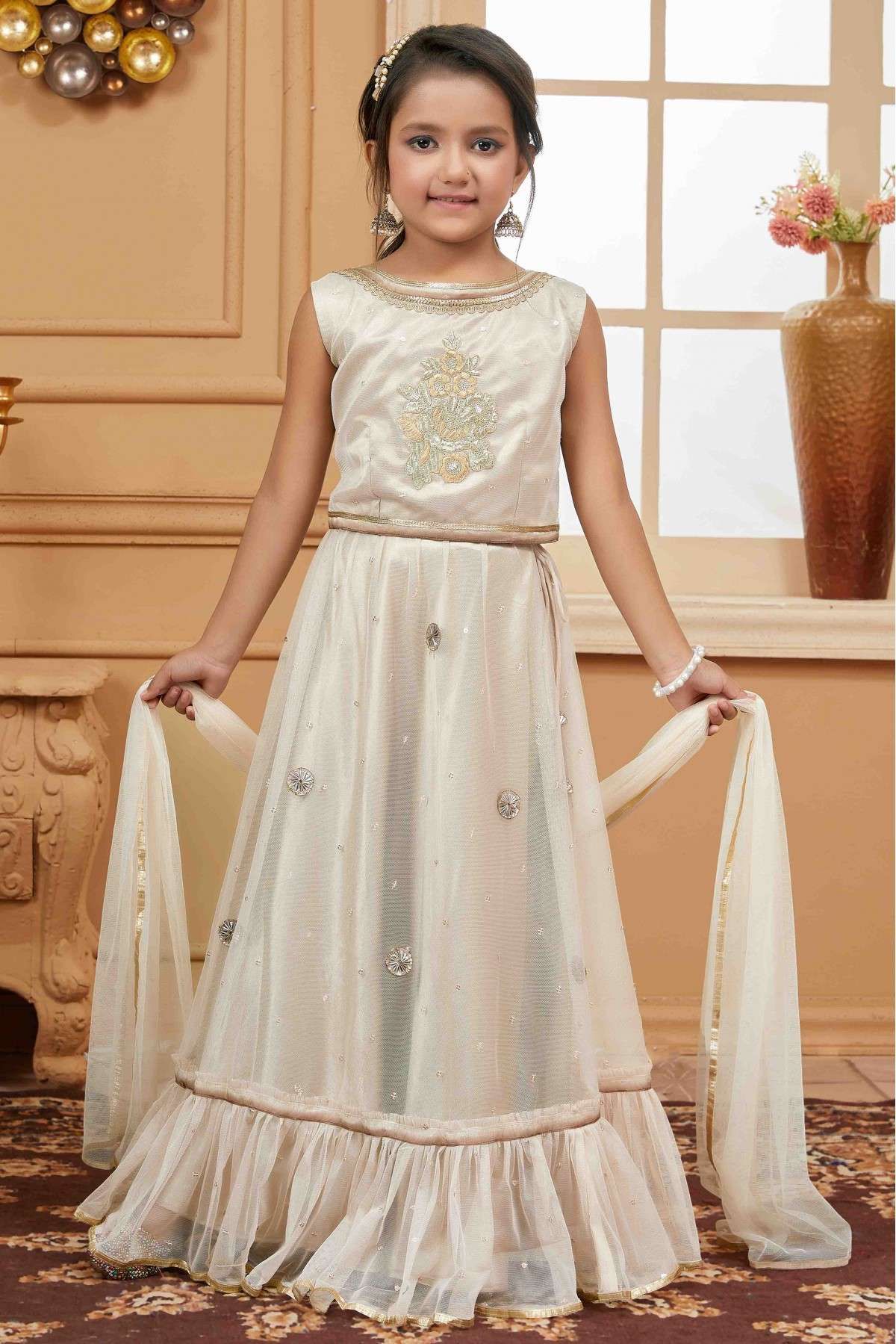 Elegant Off White Coloured Wedding Wear Cording Embroidered Net Lehenga  Choli
