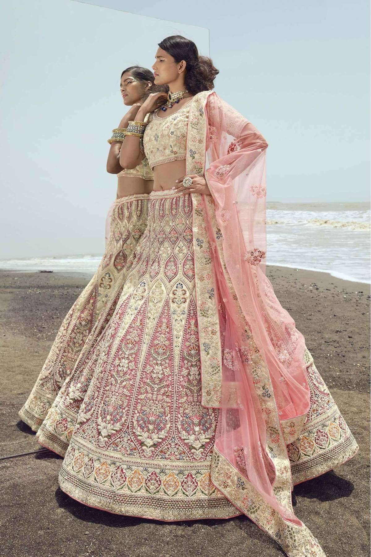 Ninecolours.com - Induce An Aura Of High-Fashion Glamour While Keeping The  Traditions At Bay In This One-Of-A-Kind Double Pallu Style Lehenga Saree  Embellished With Ribbon Embroidery Details. Drape them for Functions and