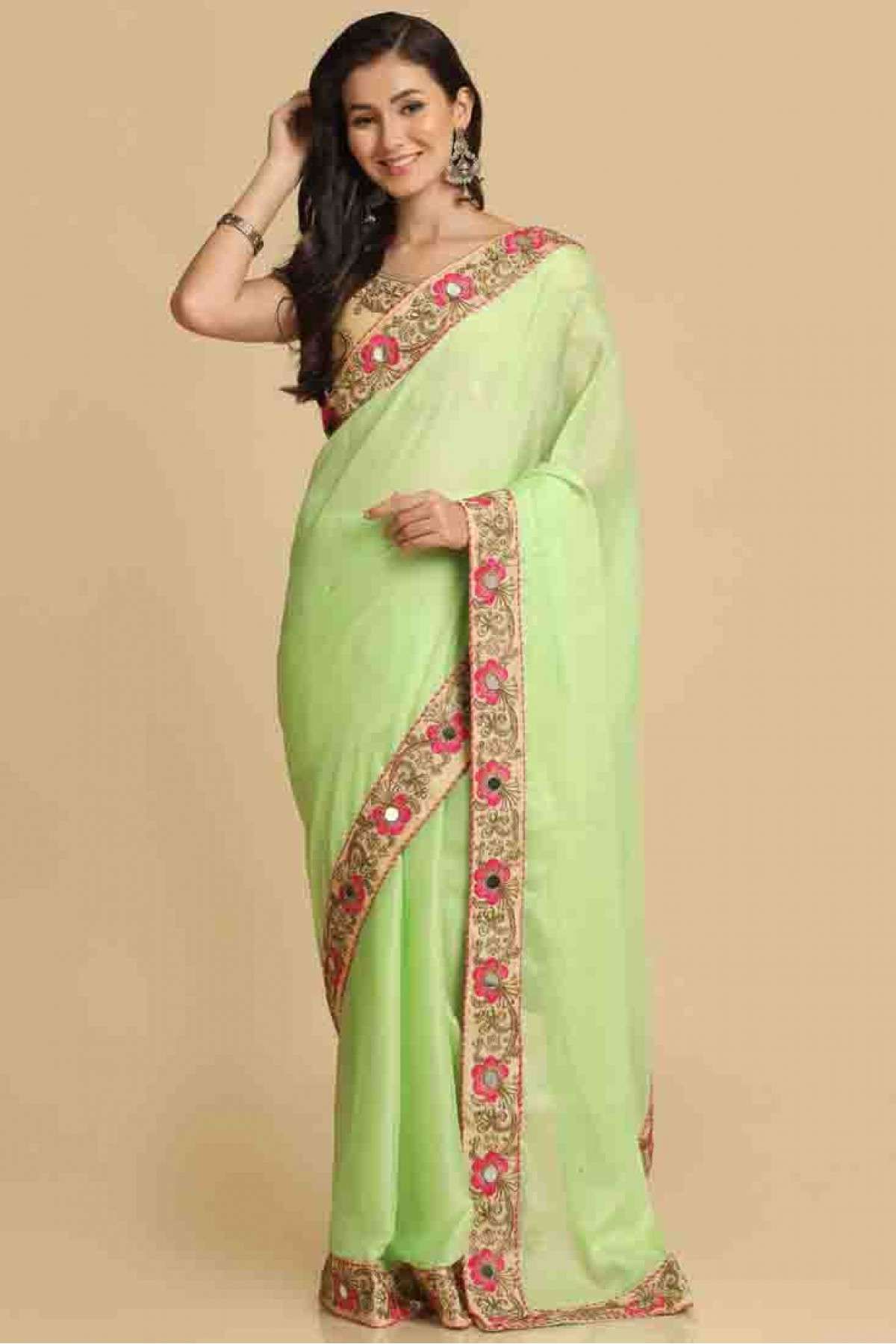 Organza Embroidery Saree In Green Colour - SR4840399