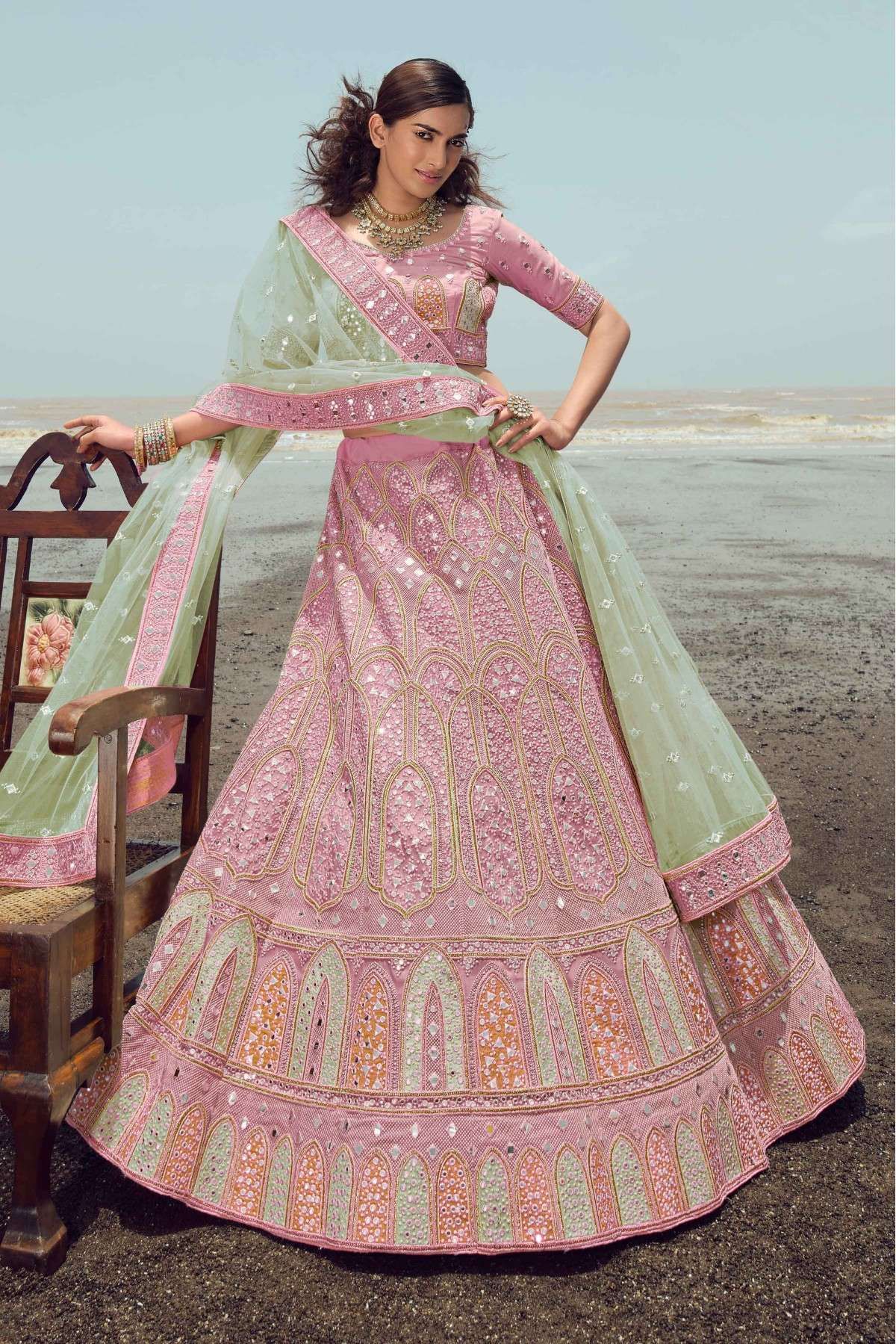 Velvet Embroidery Lehenga Suit In Green Colour - SM5410494