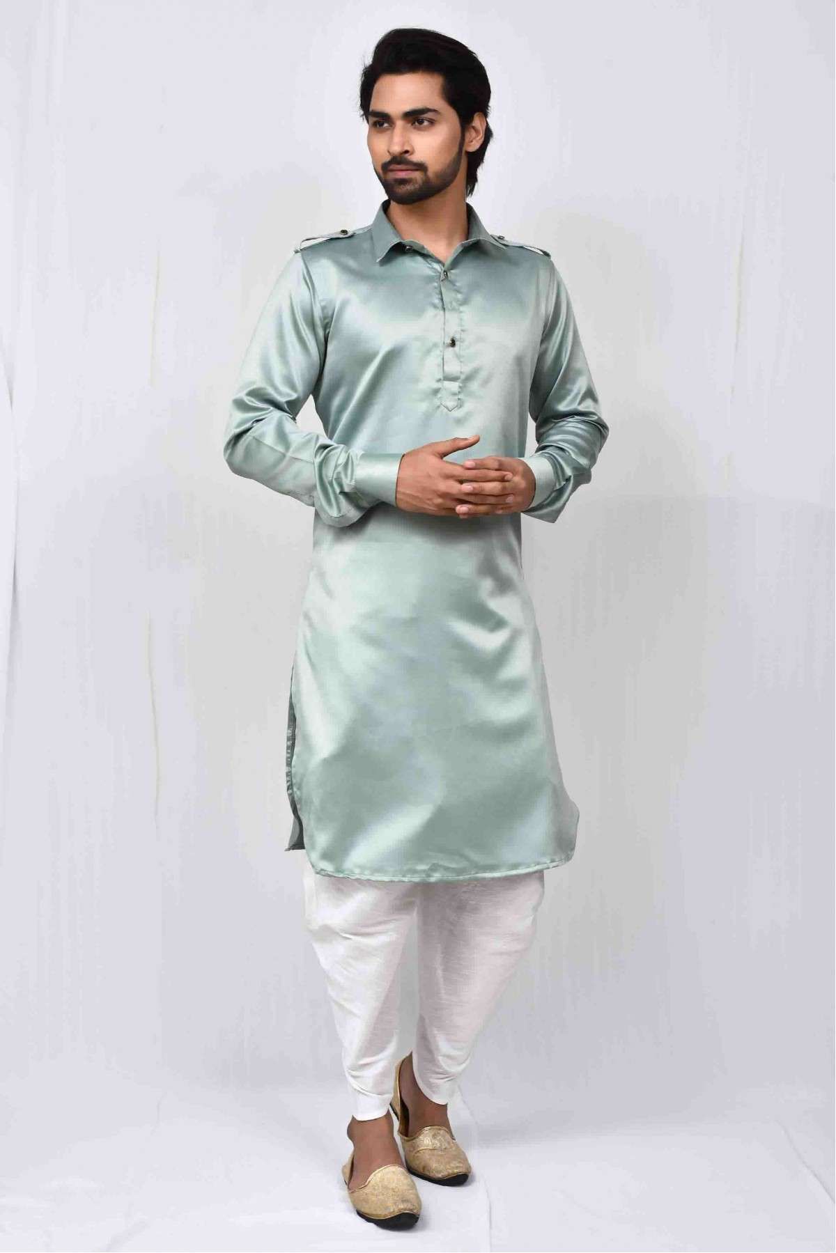 Satin Silk Pathani Suit In Pastel Green Colour KP5750077