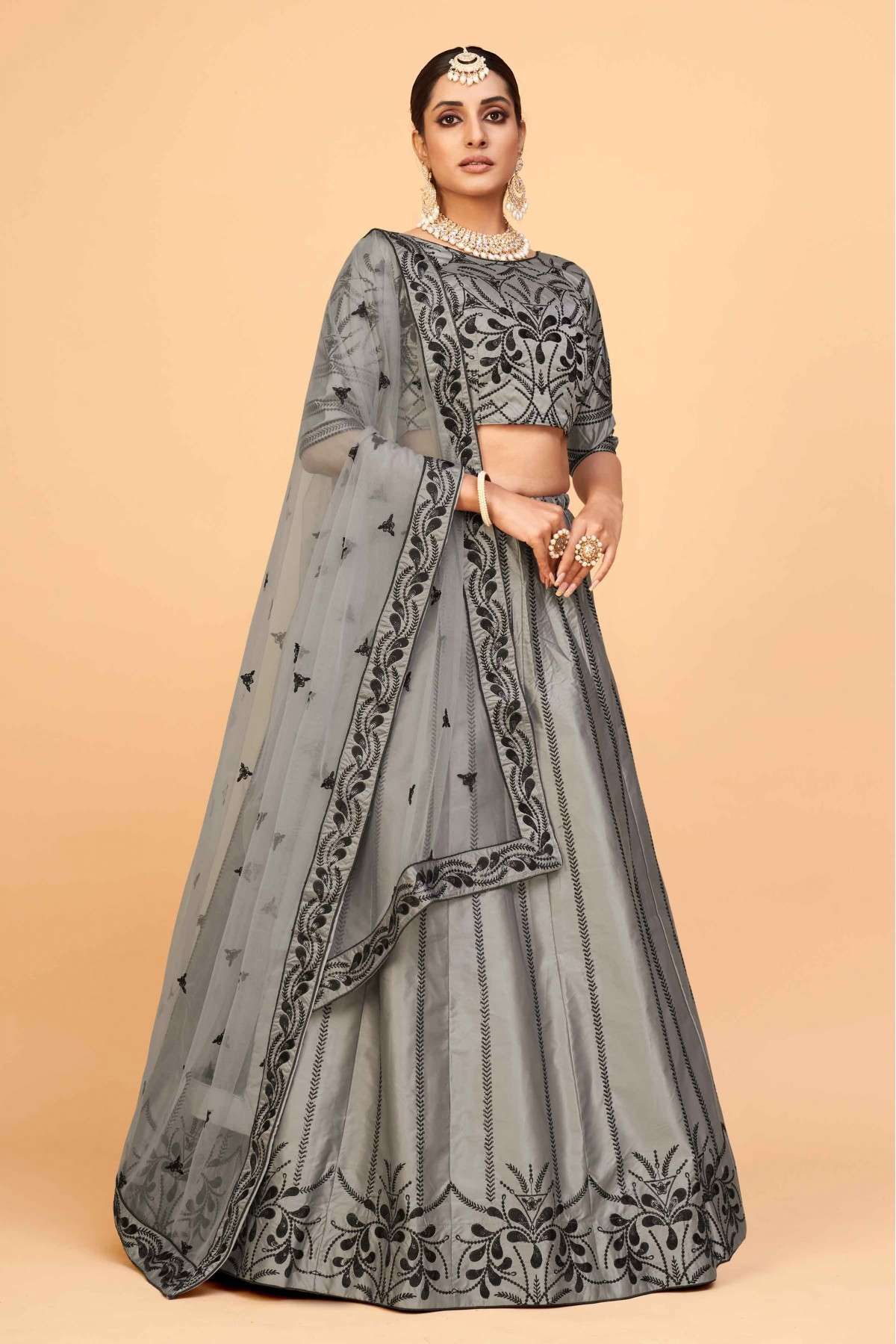 Grey Georgette Traditional Wear Embroidery Worked Lehenga Choli – Kaleendi