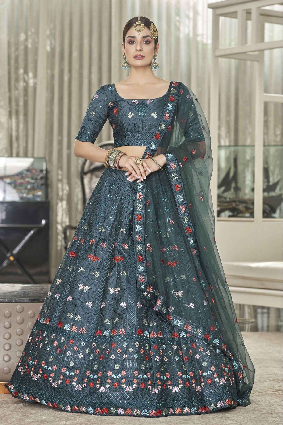 Silk Embroidery Lehenga Choli In Teal Colour LD5416110 A