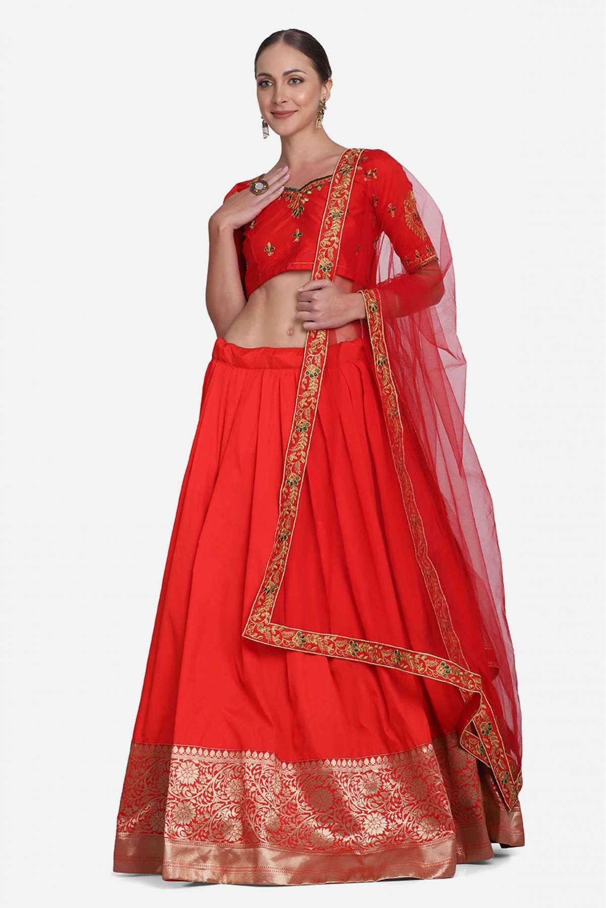 Taffeta Silk Lace Work Lehenga Choli In Red Colour - LD5680339
