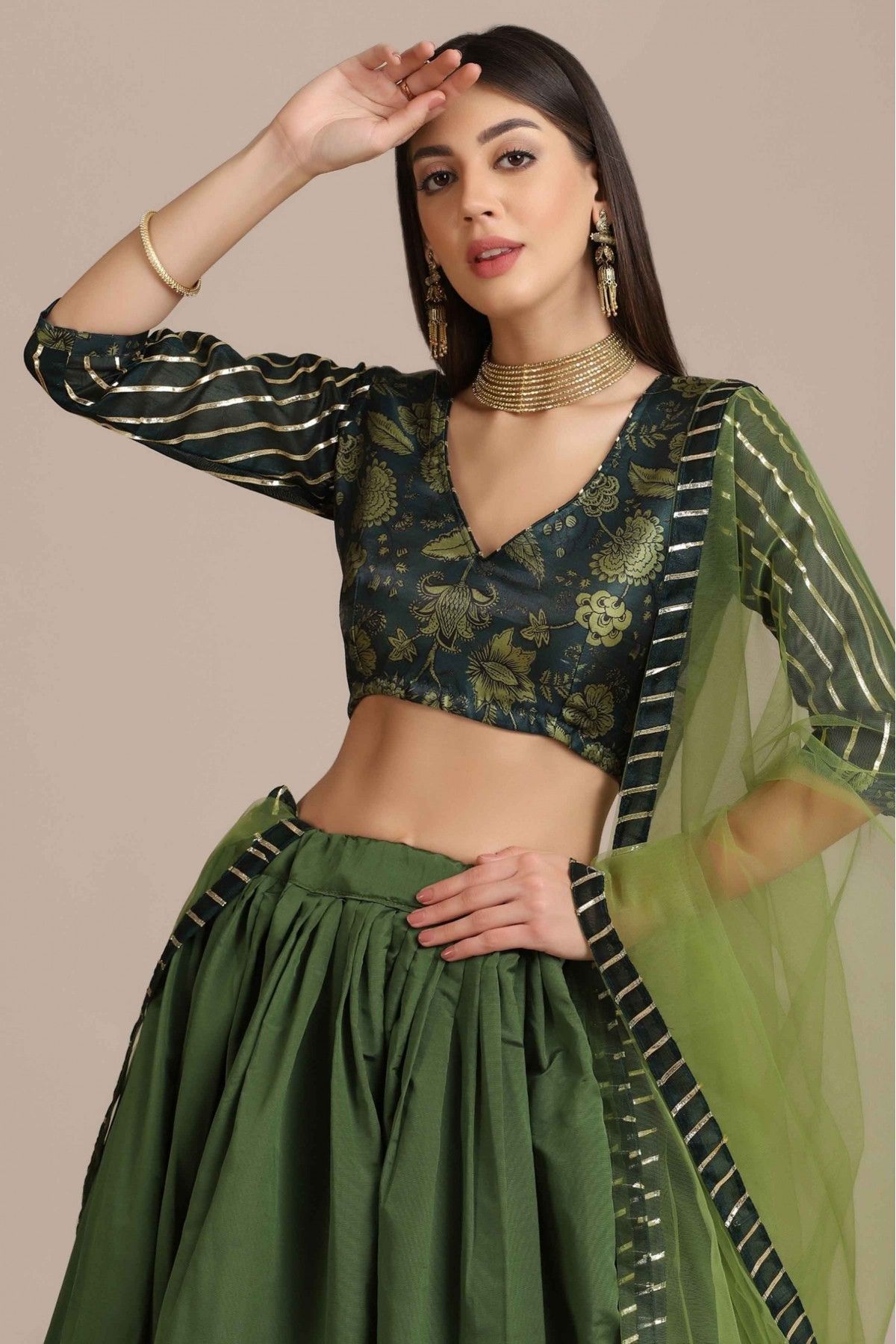 Taffeta Silk Printed Lehenga Choli In Green Colour - LD5680374