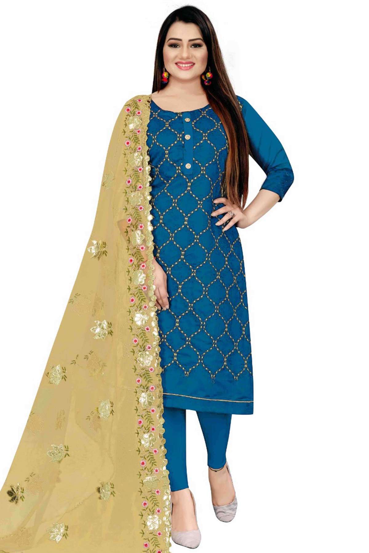 Unstitched Chanderi Cotton Printed Churidar Suit In Blue Colour