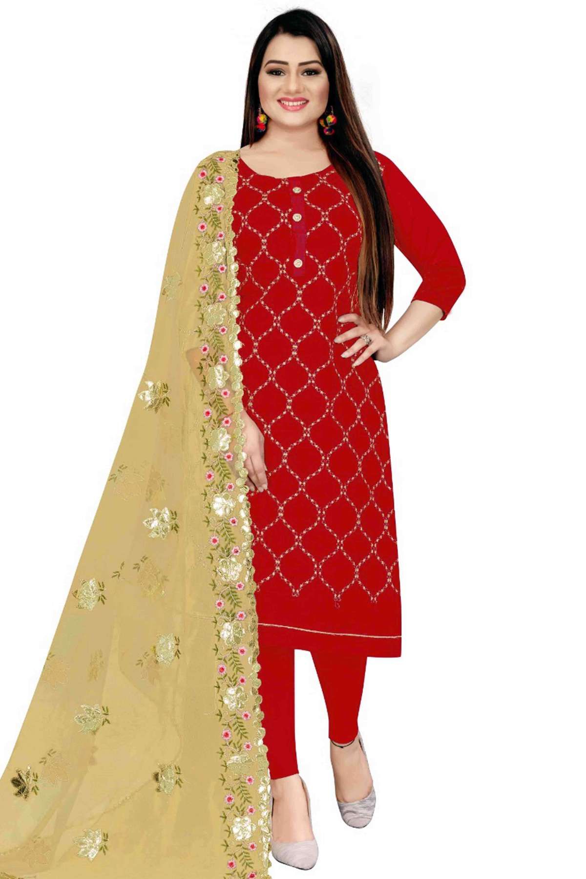 Unstitched Chanderi Embroidery Churidar Suit In Red Colour - US3234367