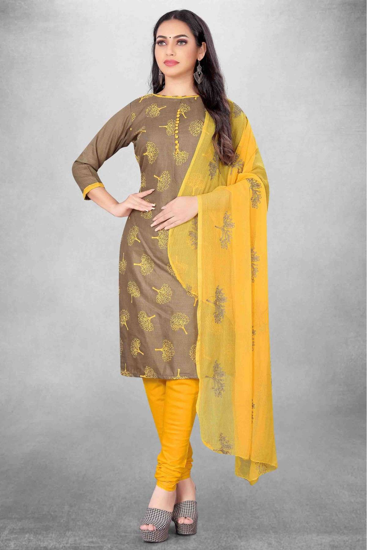 Unstitched Chanderi Cotton Embroidery Churidar Suit In Yellow Colour