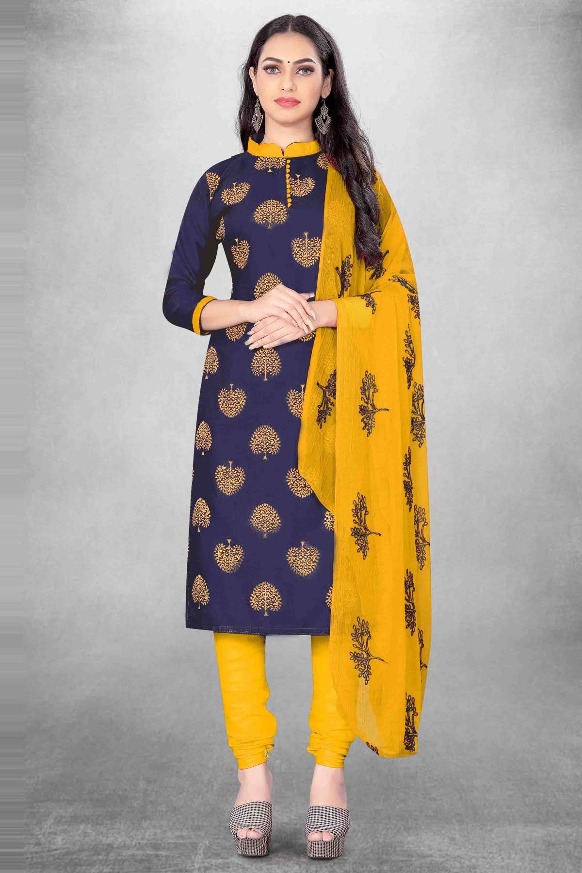 Unstitched Chanderi Cotton Printed Churidar Suit In Blue Colour