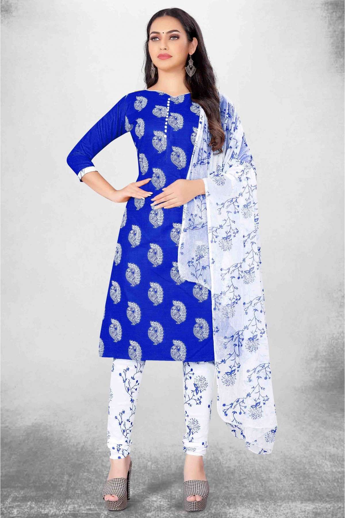 Unstitched Cotton Slub Printed Churidar Suit In Blue Colour - US3234445