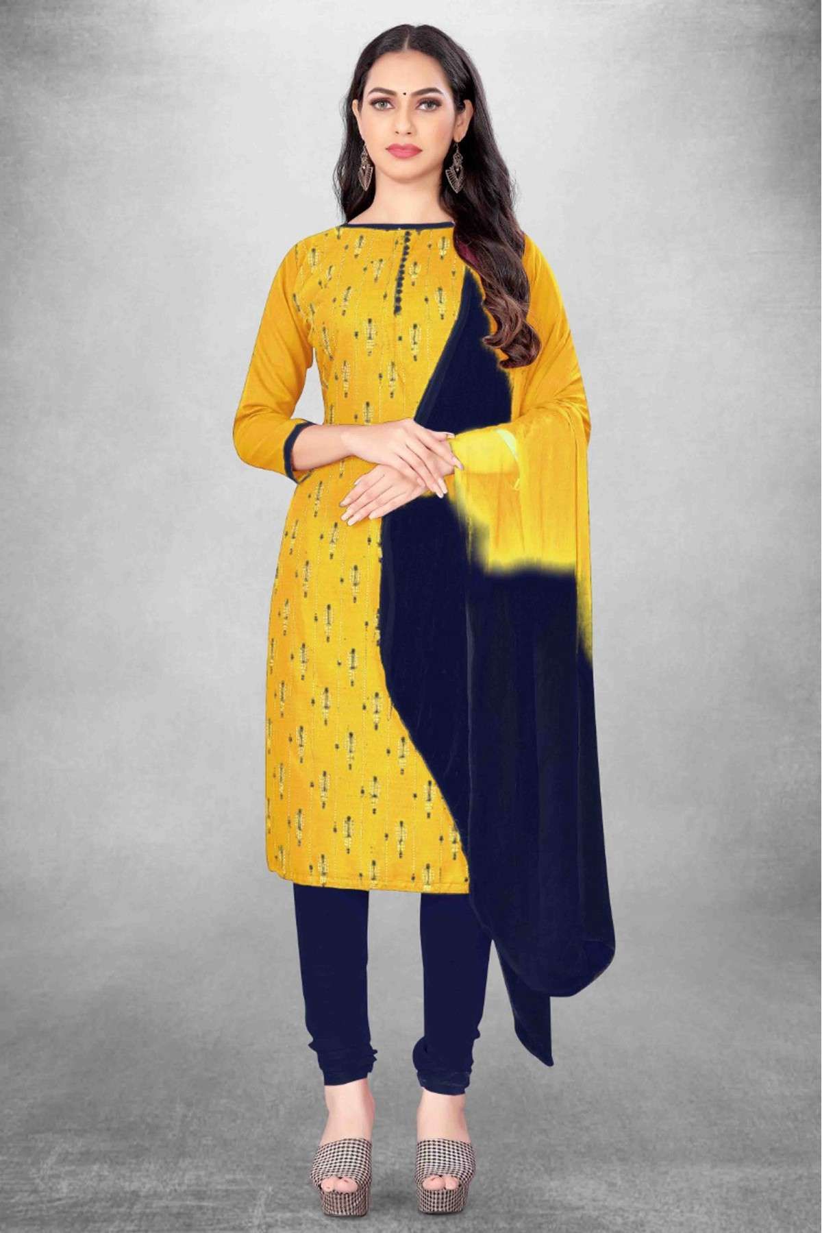 Unstitched Cotton Slub Printed Churidar Suit In Yellow Colour - US3234394