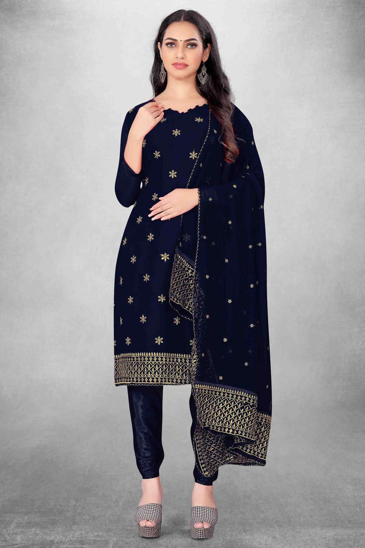 Unstitched Georgette Embroidery Churidar Suit In Navy Blue Colour - US3234500