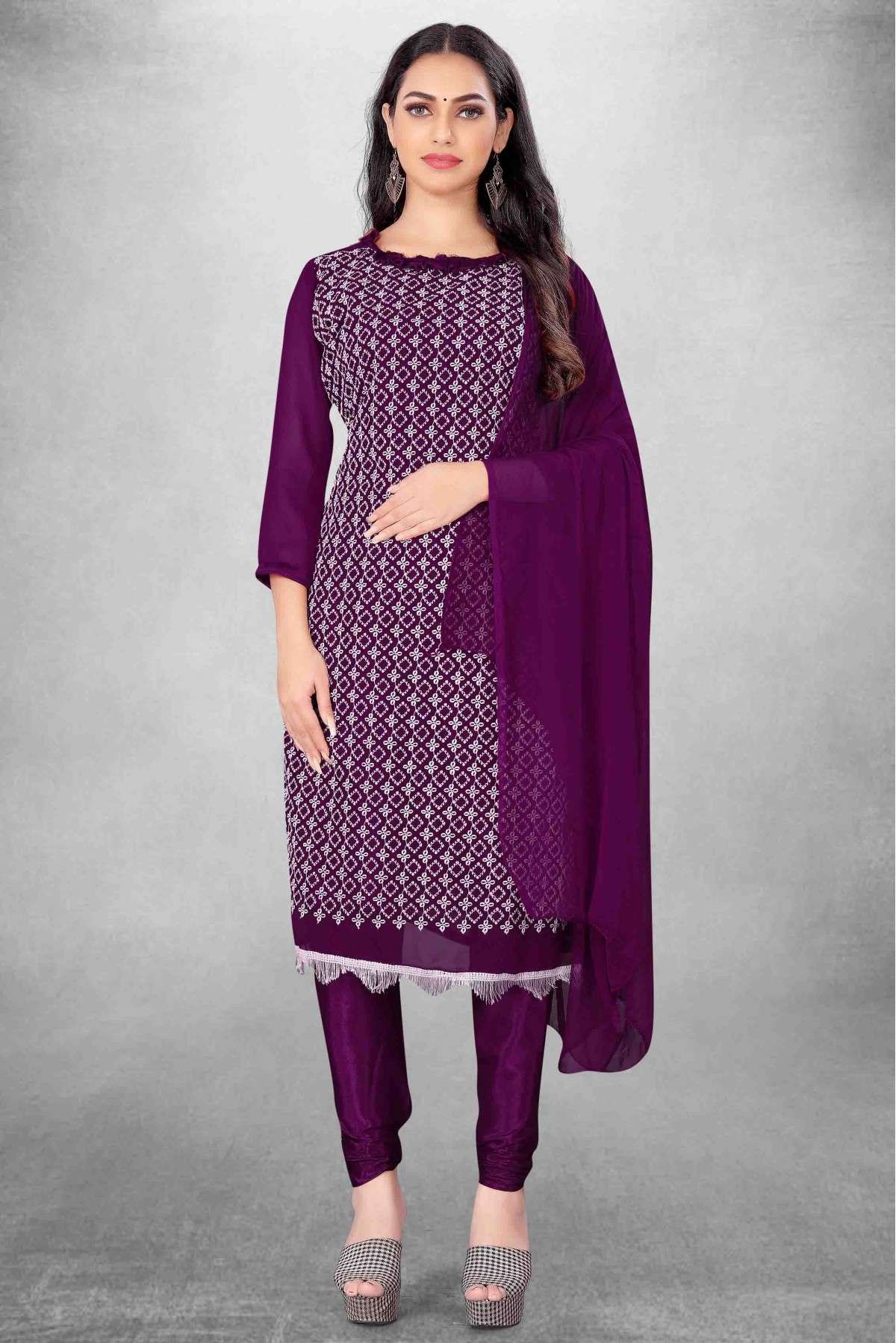 Unstitched Georgette Embroidery Churidar Suit In Purple Colour - US3234486
